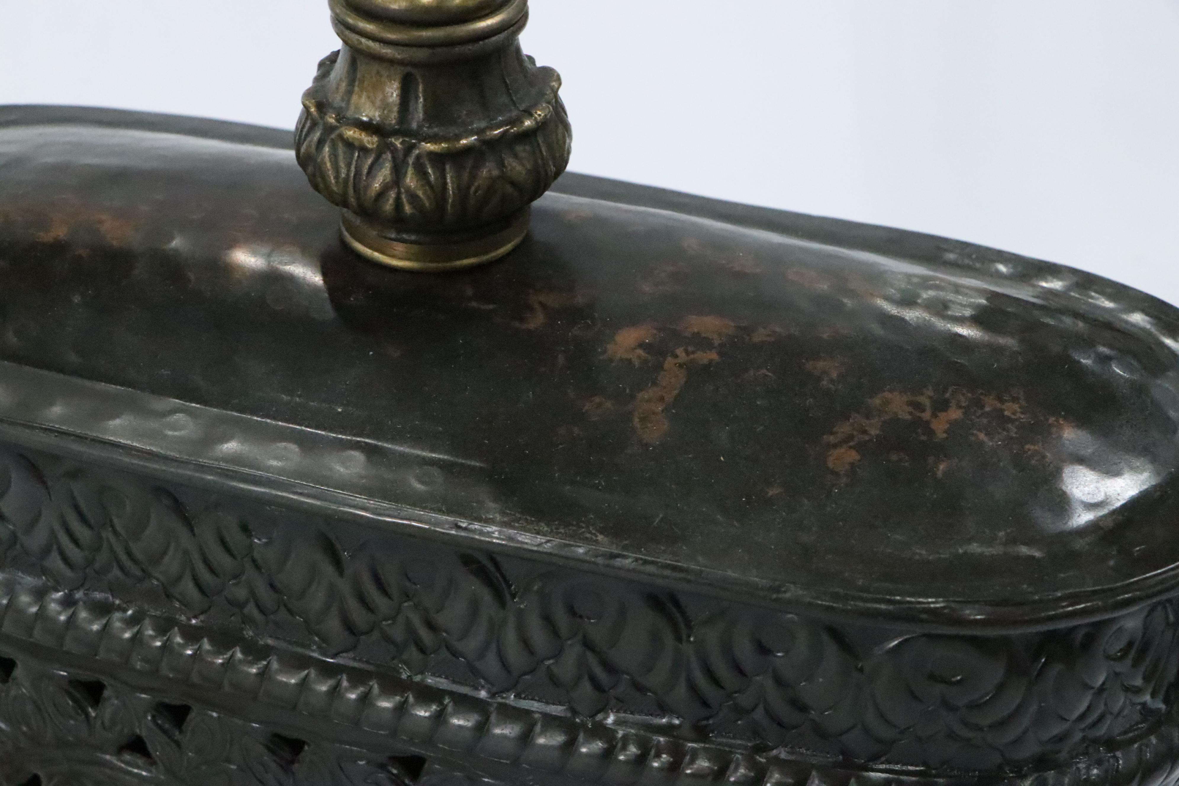 Punched and Embossed Patinated Metal Table Lamp with Pleated Shade