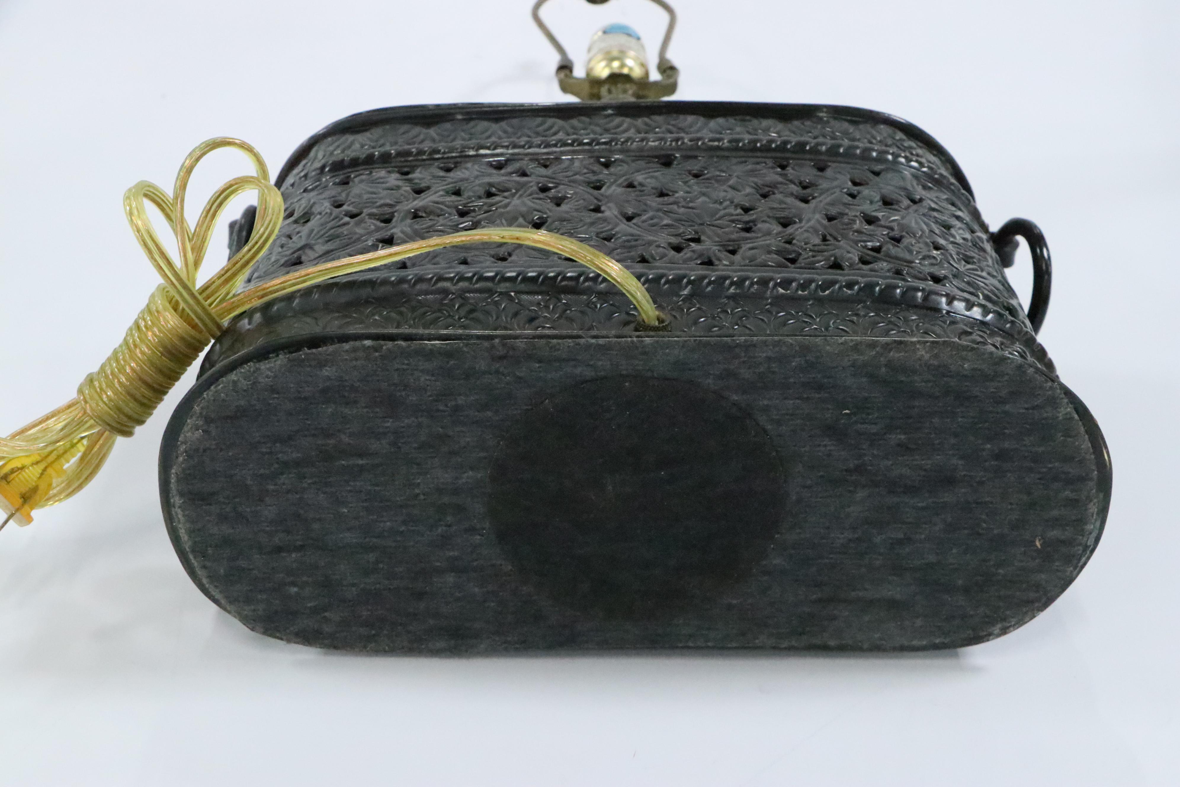 Punched and Embossed Patinated Metal Table Lamp with Pleated Shade