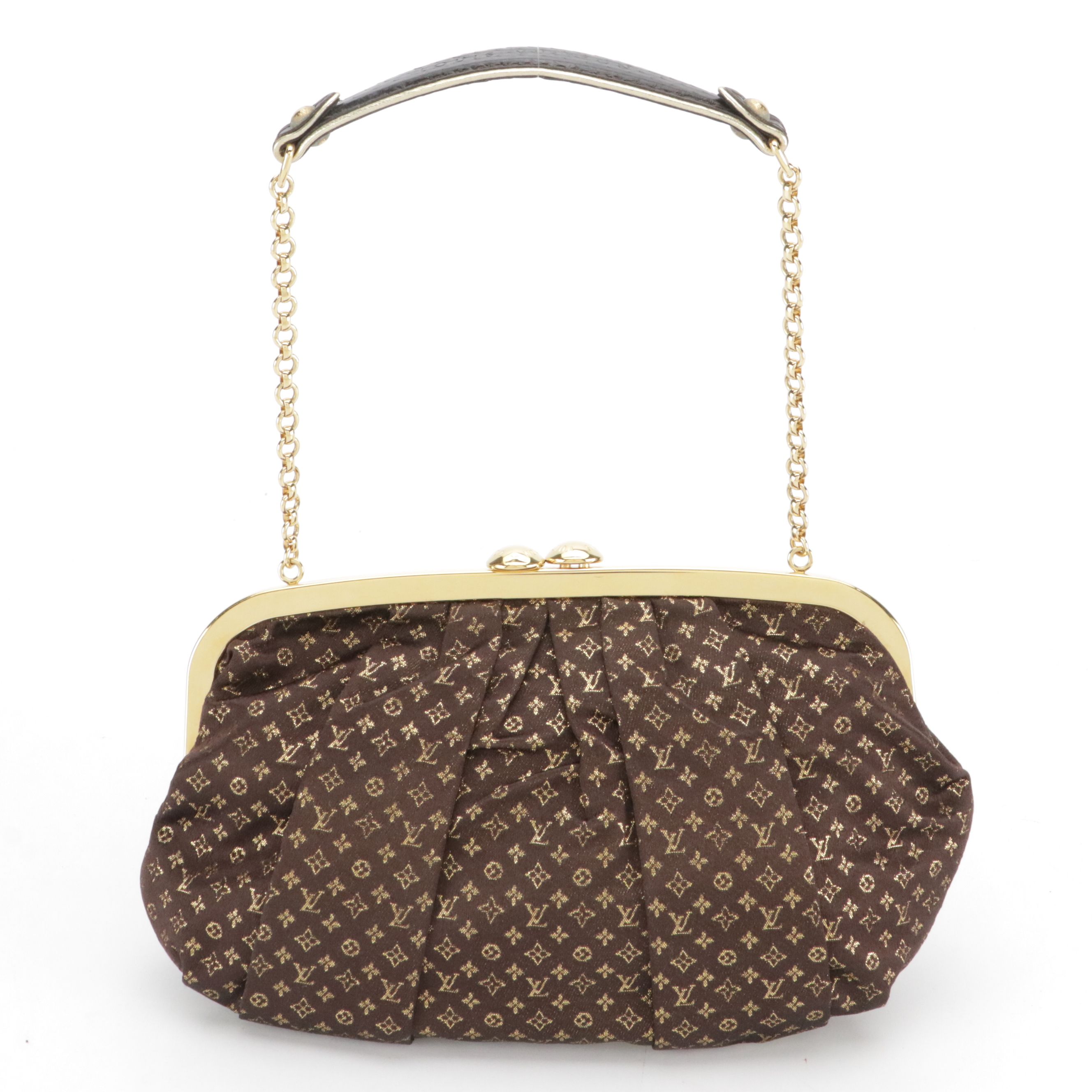Louis Vuitton Aumoniere Metal Frame Clutch in Brown Pleated Monogram Satin