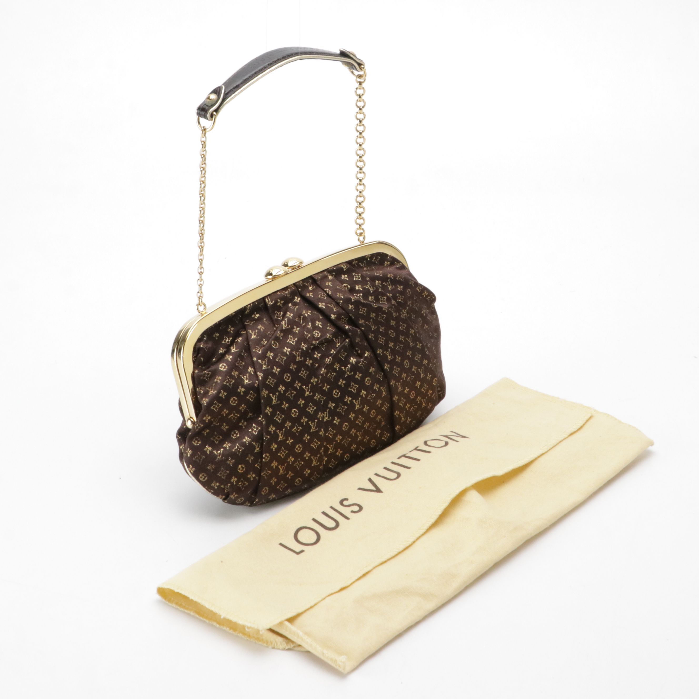 Louis Vuitton Aumoniere Metal Frame Clutch in Brown Pleated Monogram Satin