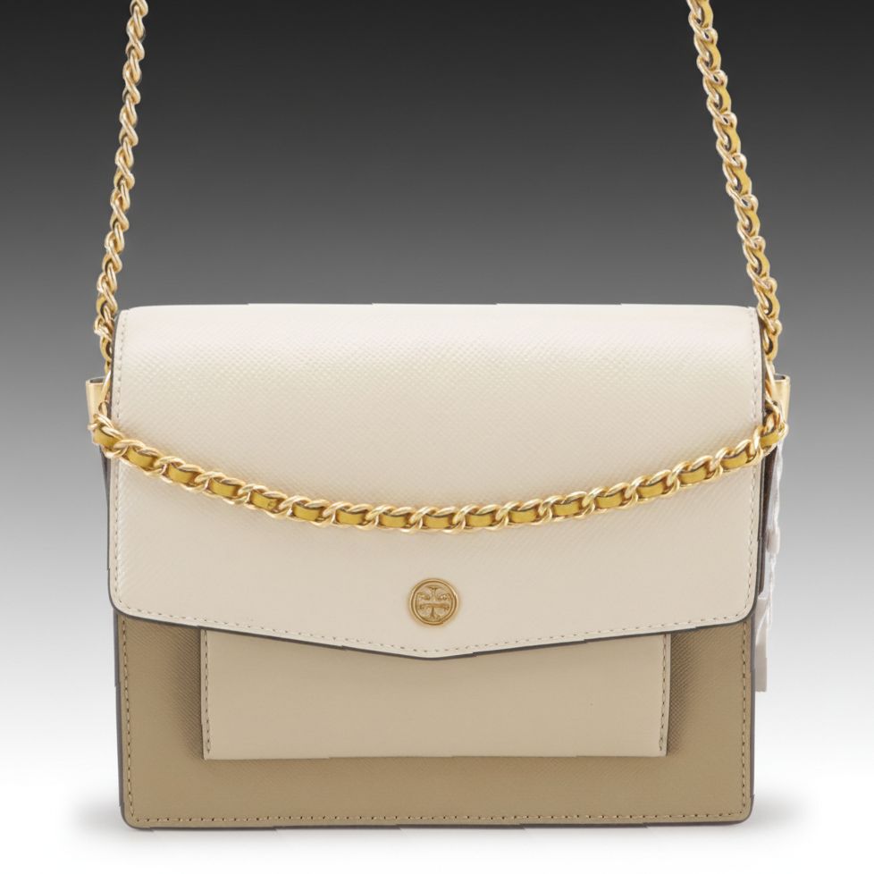 Tory Burch Robinson Convertible Shoulder Bag in Color-Block Neutral Leather