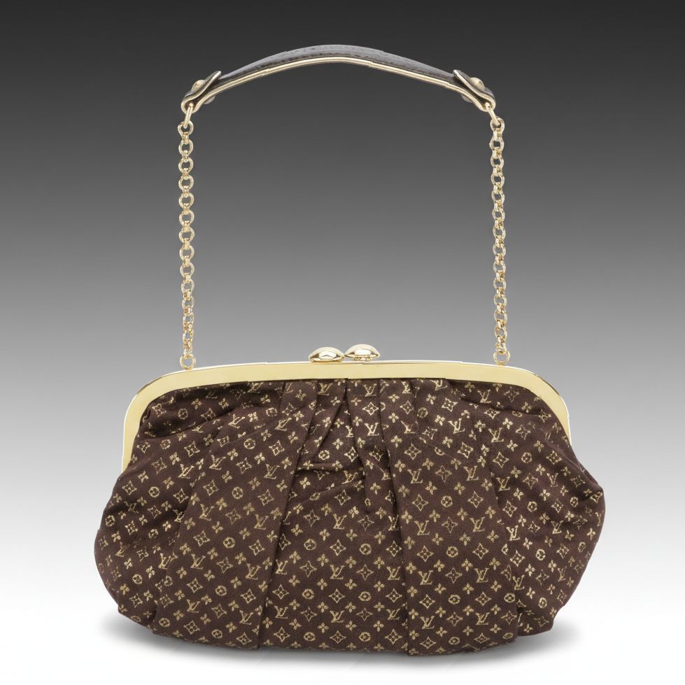 Louis Vuitton Aumoniere Metal Frame Clutch in Brown Pleated Monogram Satin