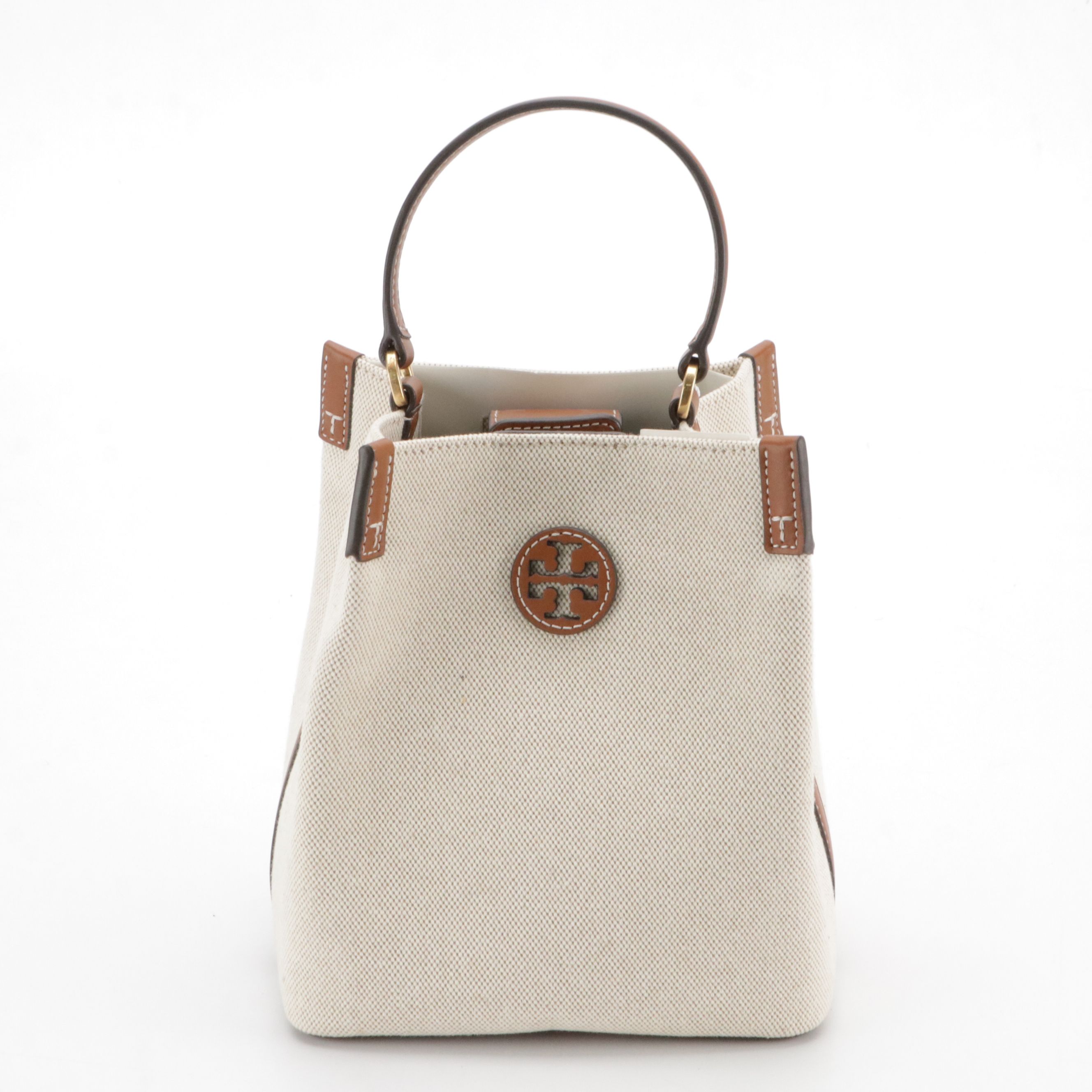Tory Burch Blake Two-Way Bucket Bag in Natural Canvas and Brown Leather
