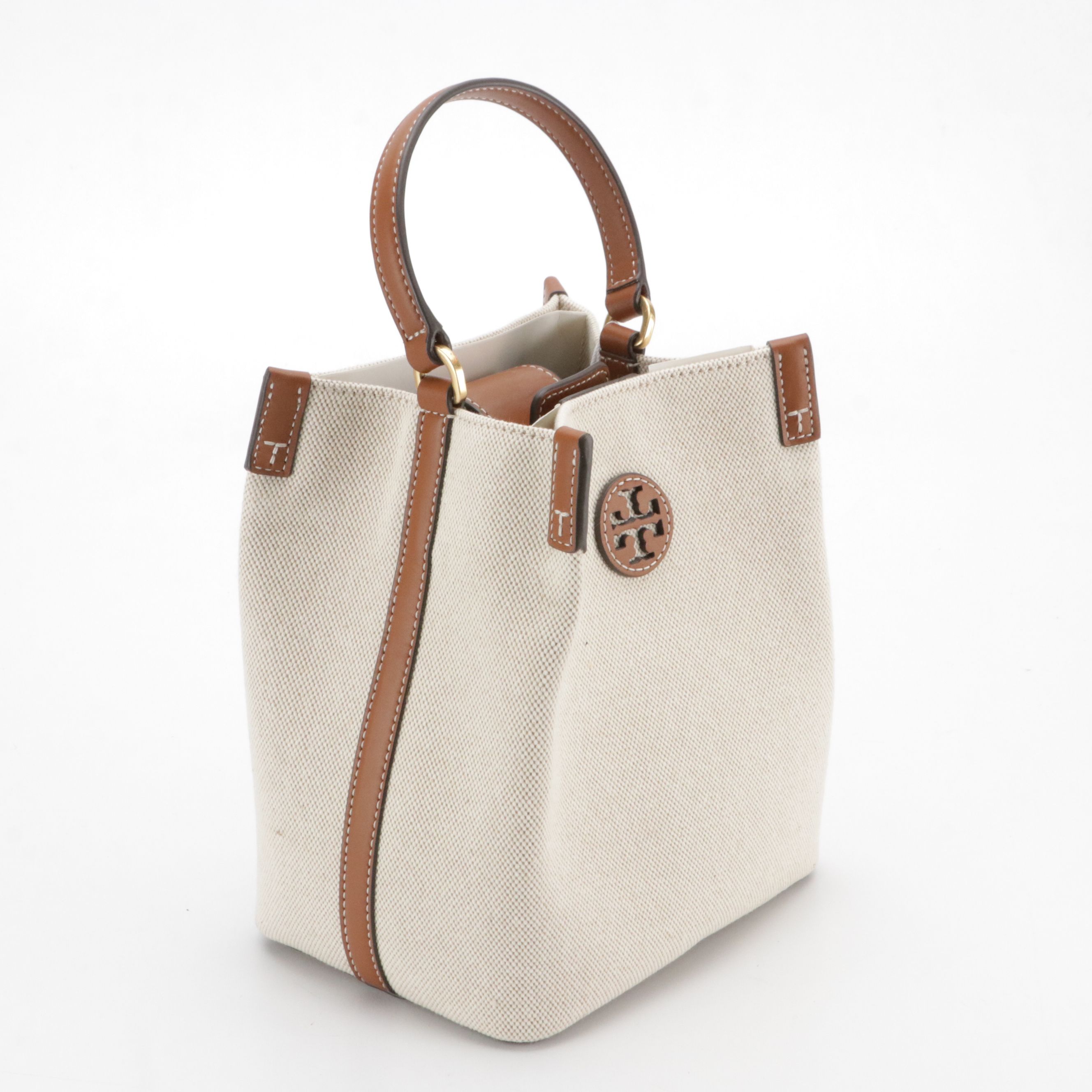 Tory Burch Blake Two-Way Bucket Bag in Natural Canvas and Brown Leather