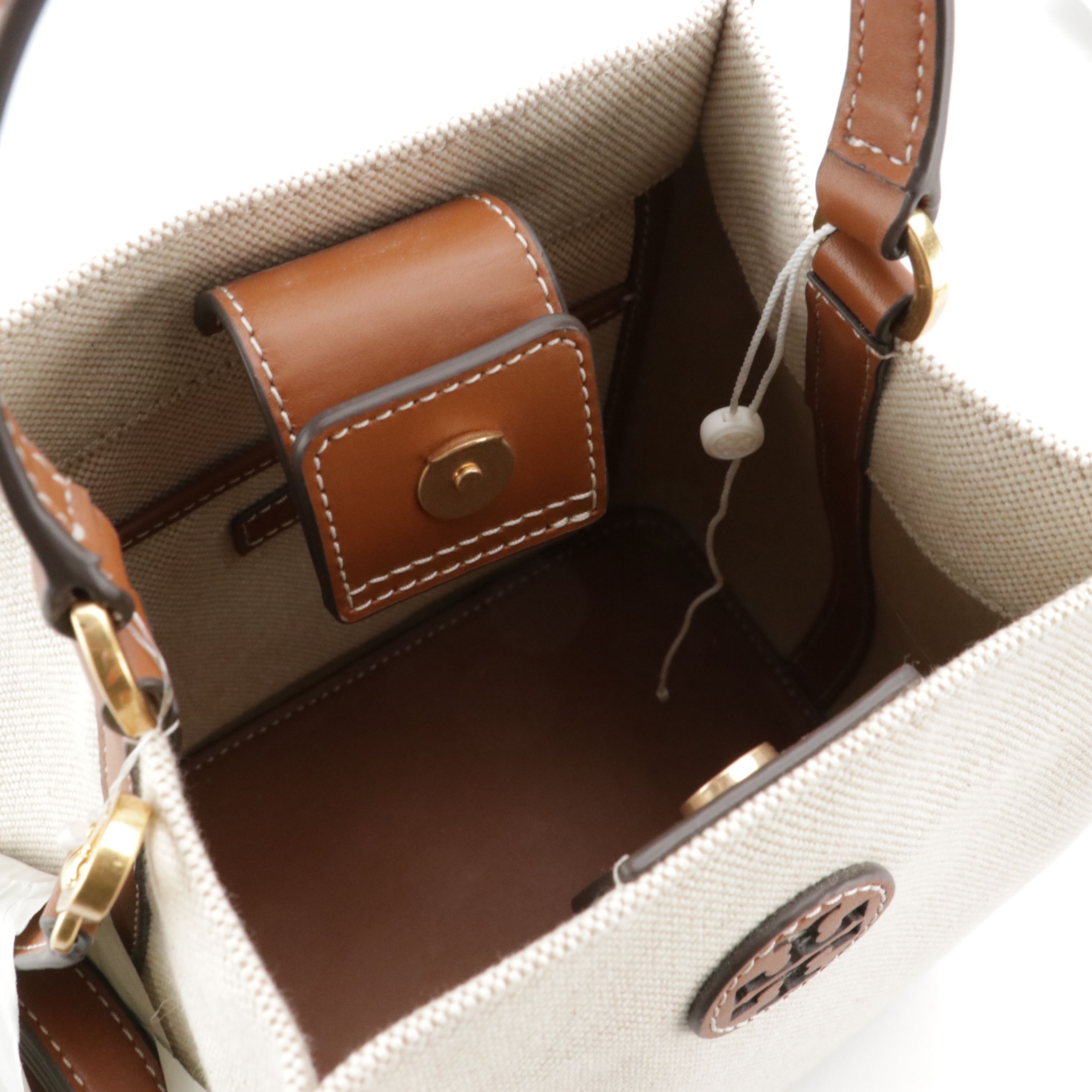 Tory Burch Blake Two-Way Bucket Bag in Natural Canvas and Brown Leather