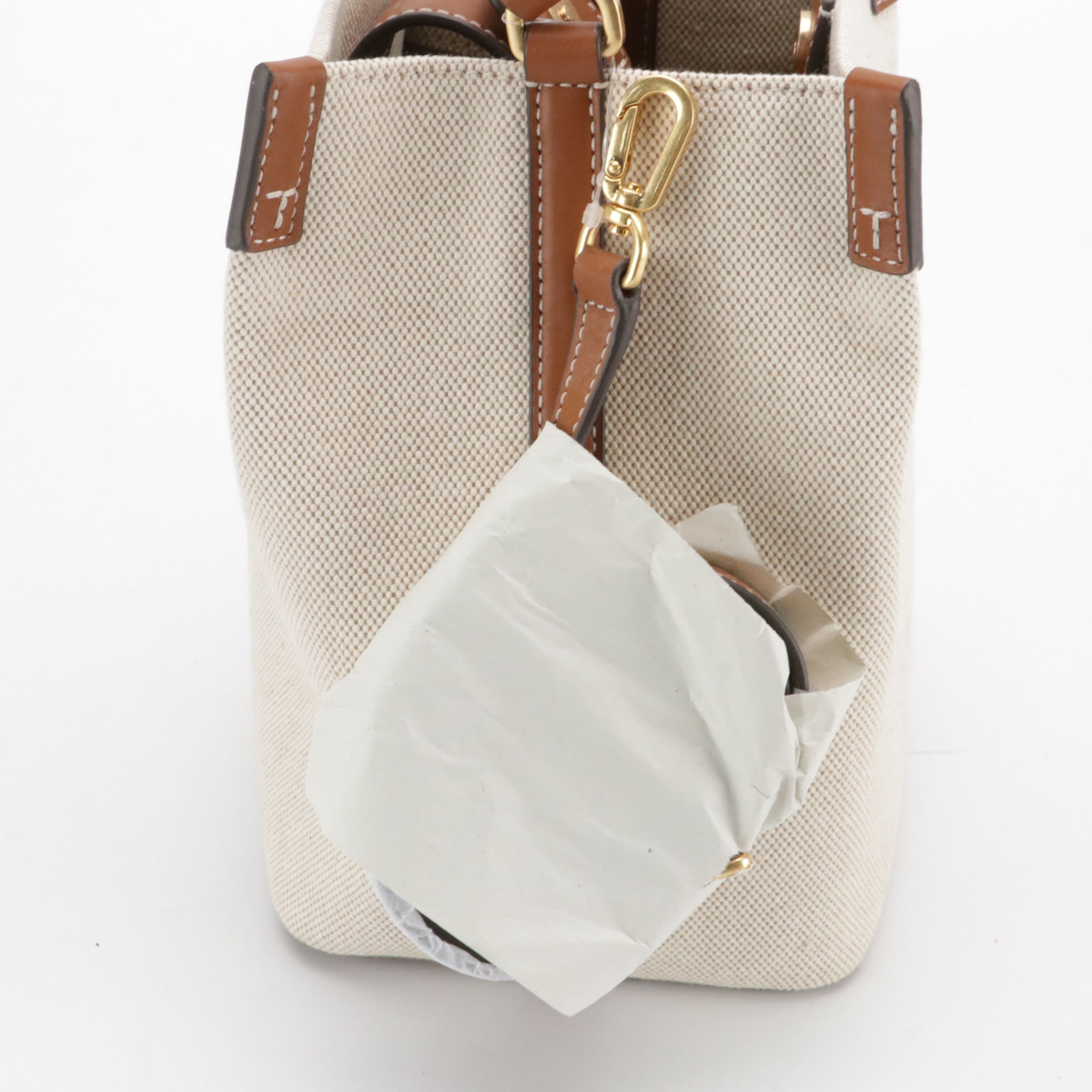 Tory Burch Blake Two-Way Bucket Bag in Natural Canvas and Brown Leather