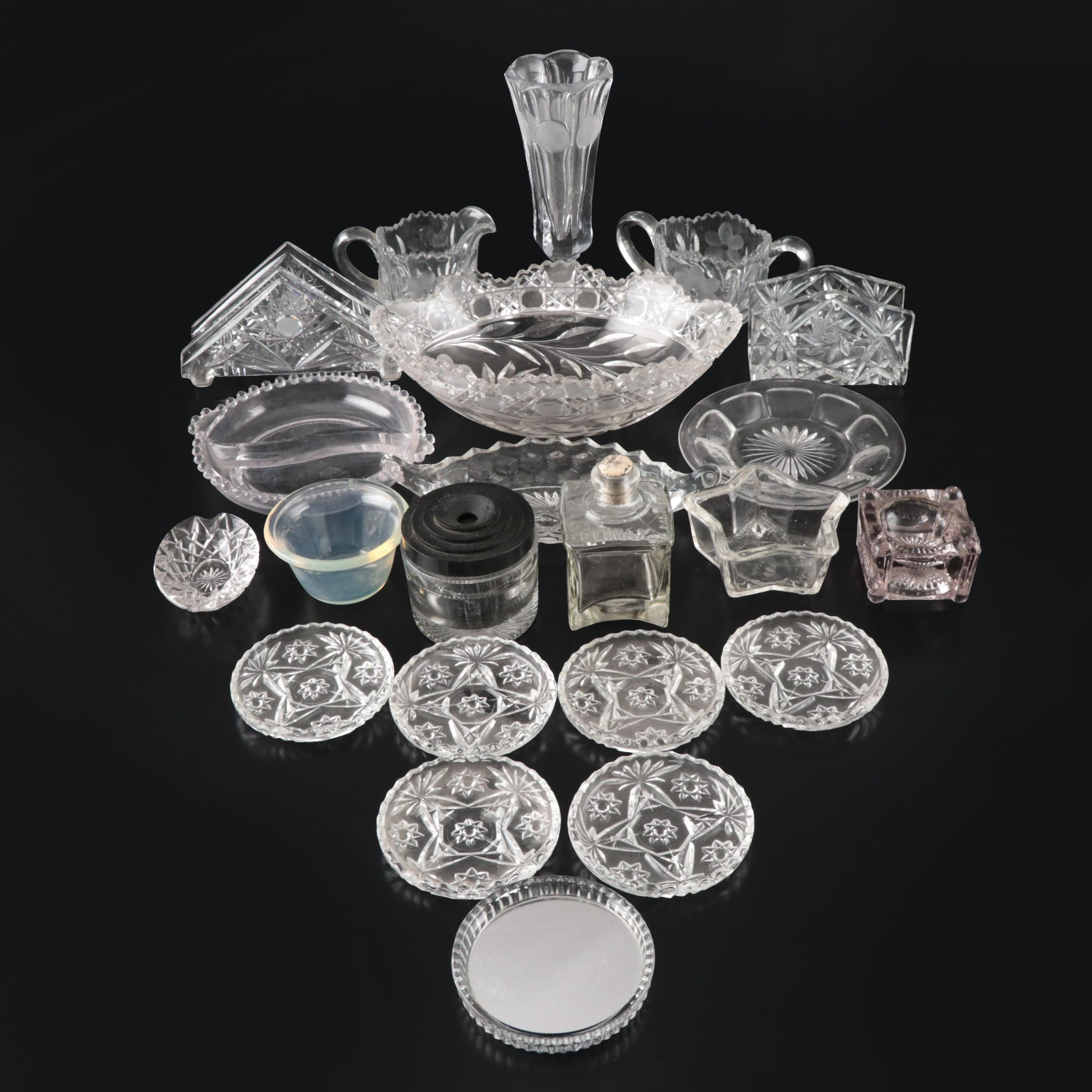 Fostoria "Coin" Glass Vase with EAPG Coasters and Other Tableware