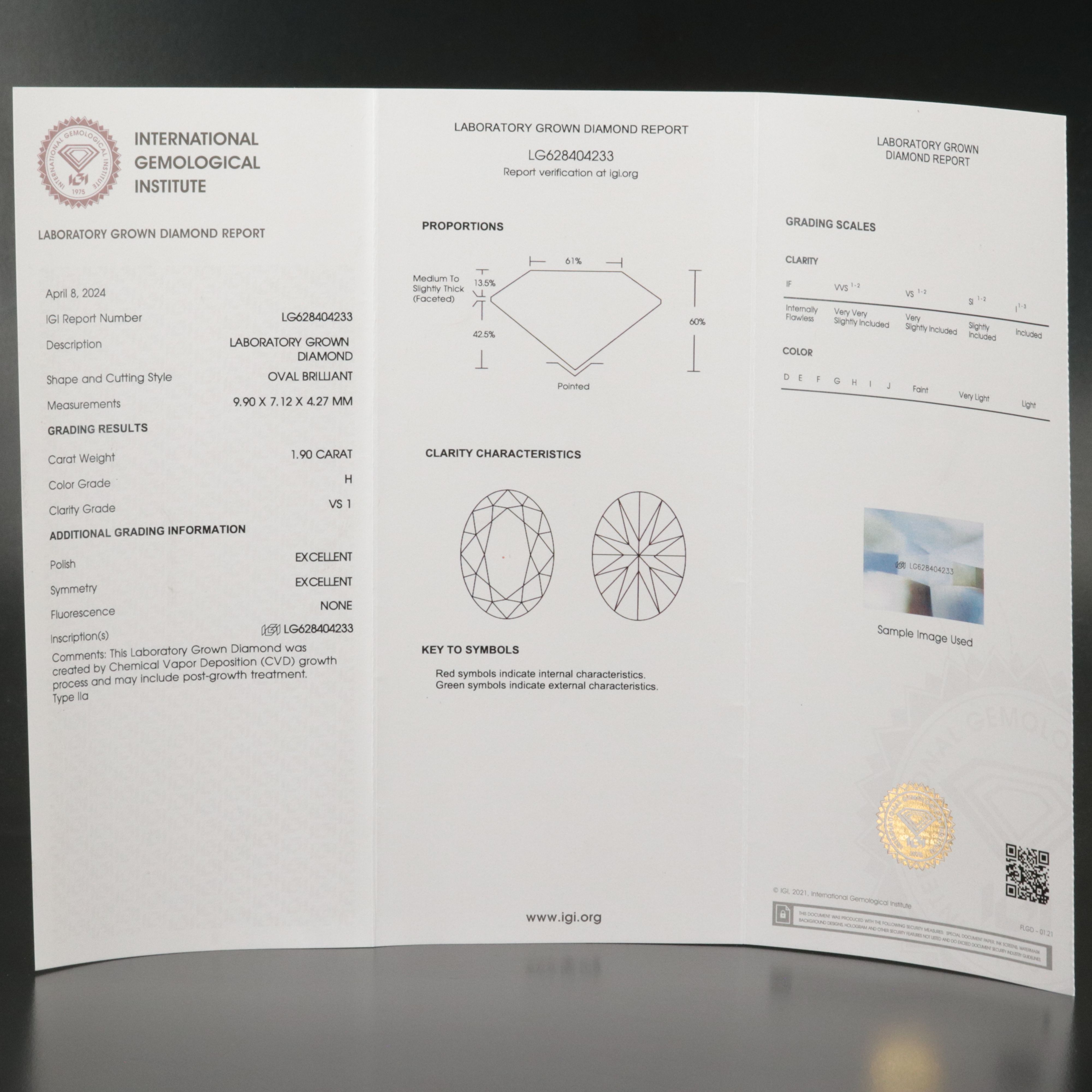 Loose 1.90 CT Lab Grown Diamond with IGI Report
