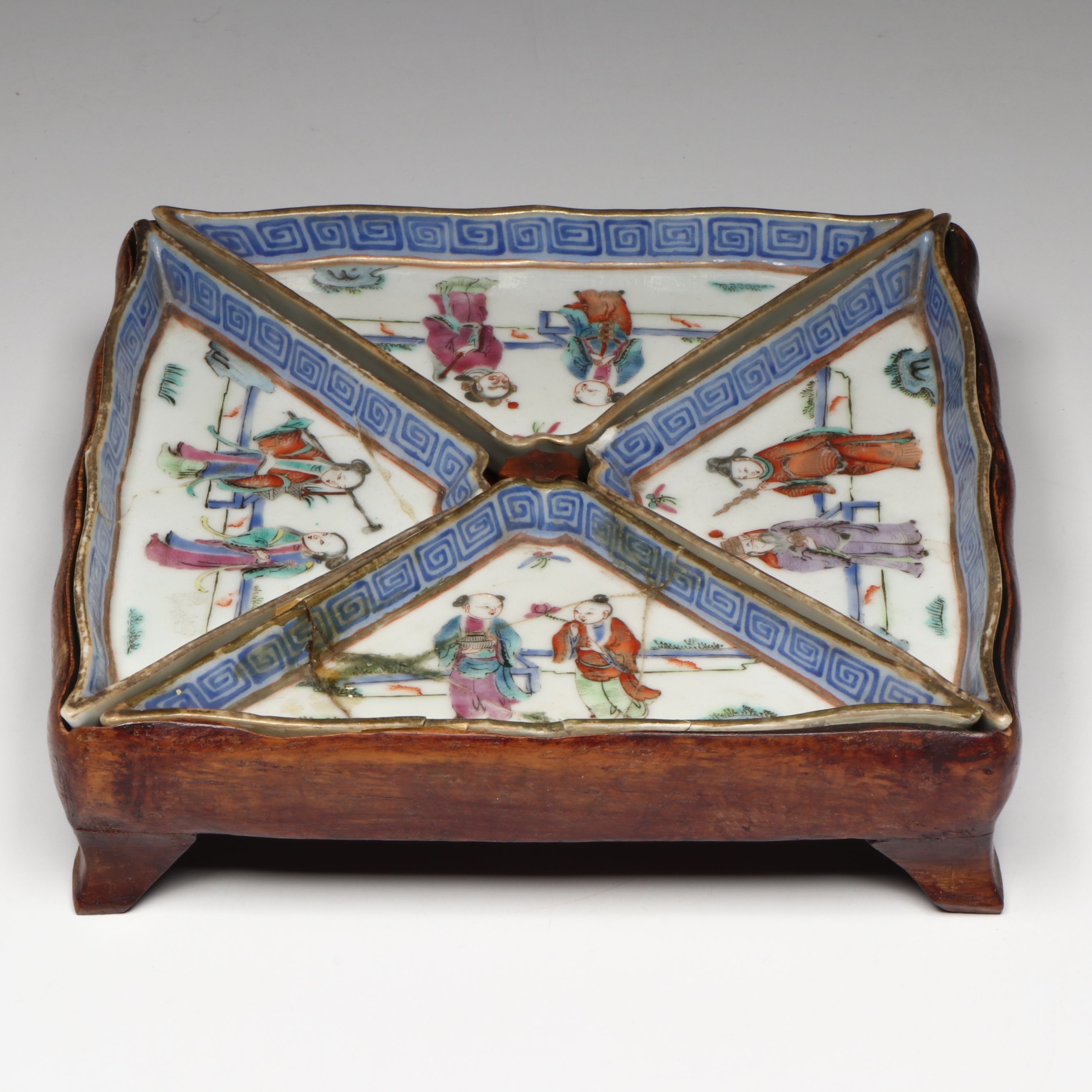 Antique Chinese Porcelain Sweetmeat Dishes on Wood Tray