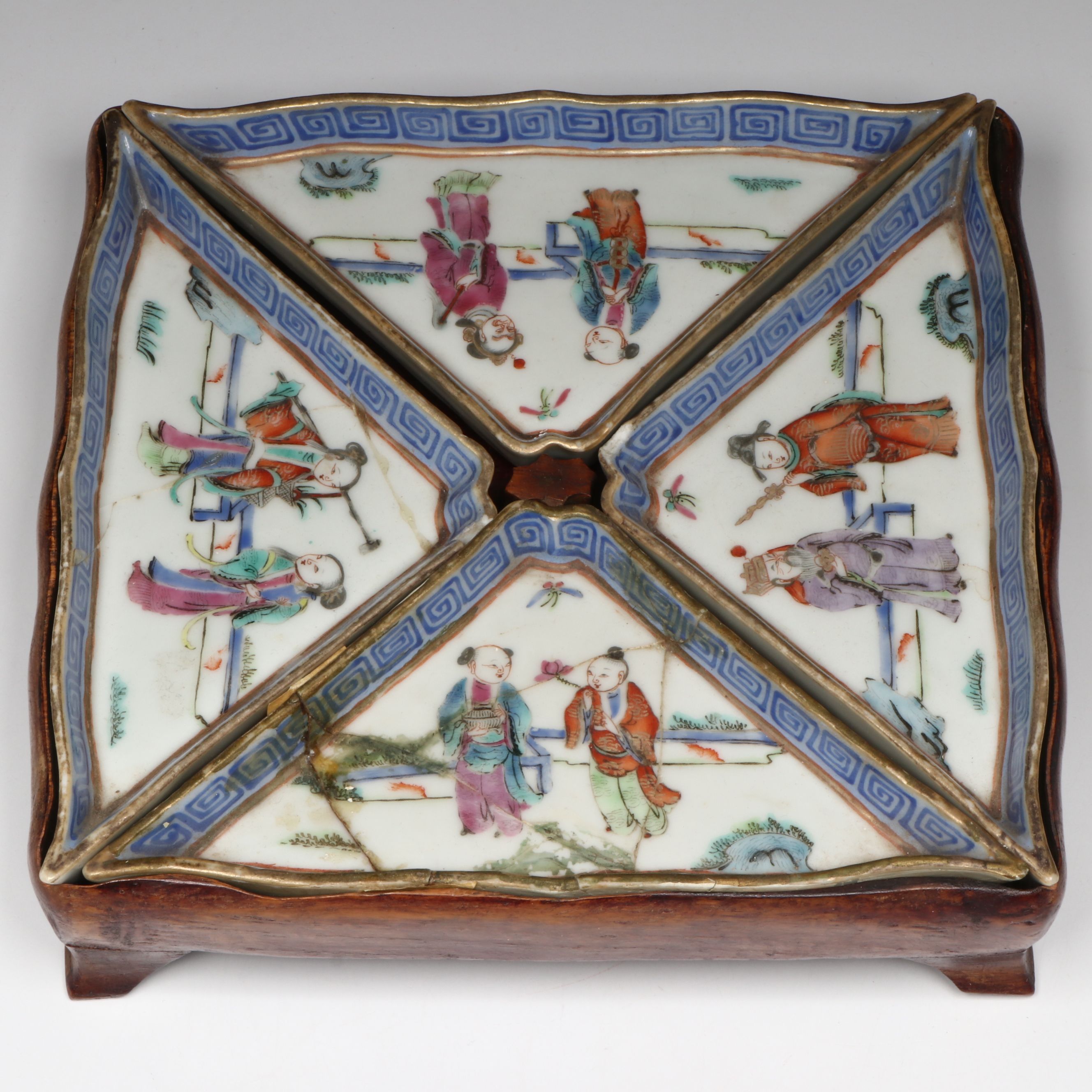 Antique Chinese Porcelain Sweetmeat Dishes on Wood Tray