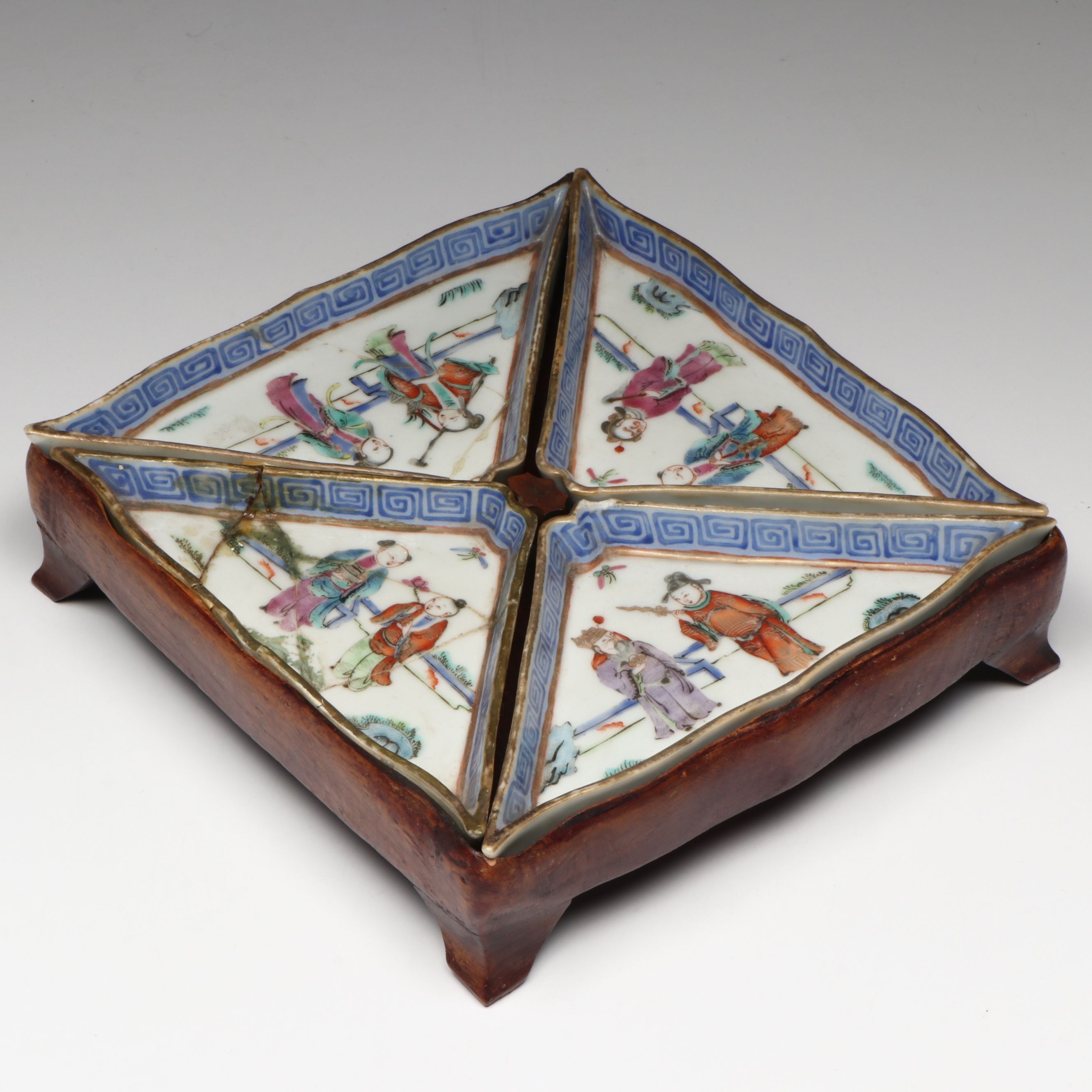 Antique Chinese Porcelain Sweetmeat Dishes on Wood Tray