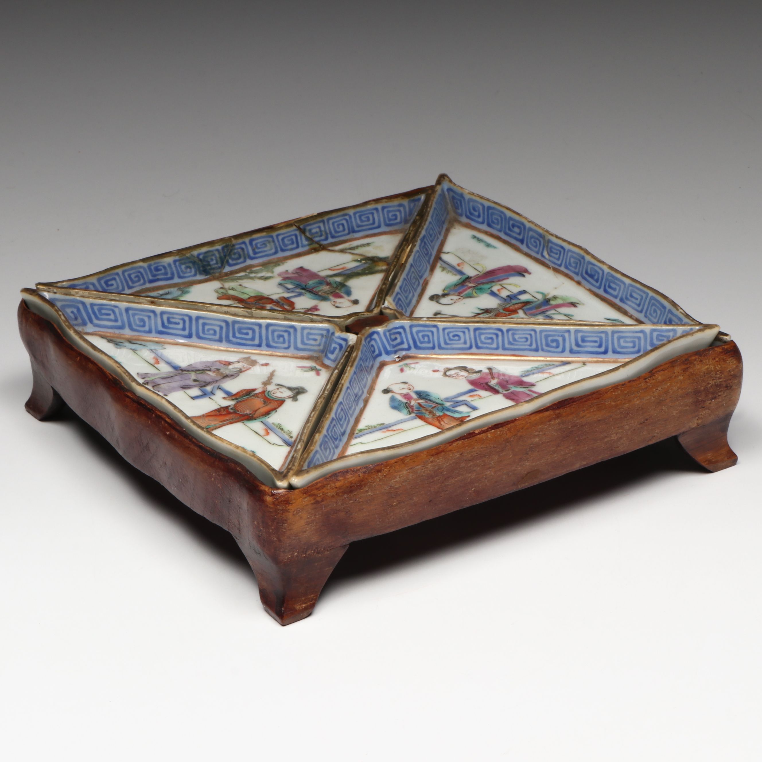 Antique Chinese Porcelain Sweetmeat Dishes on Wood Tray