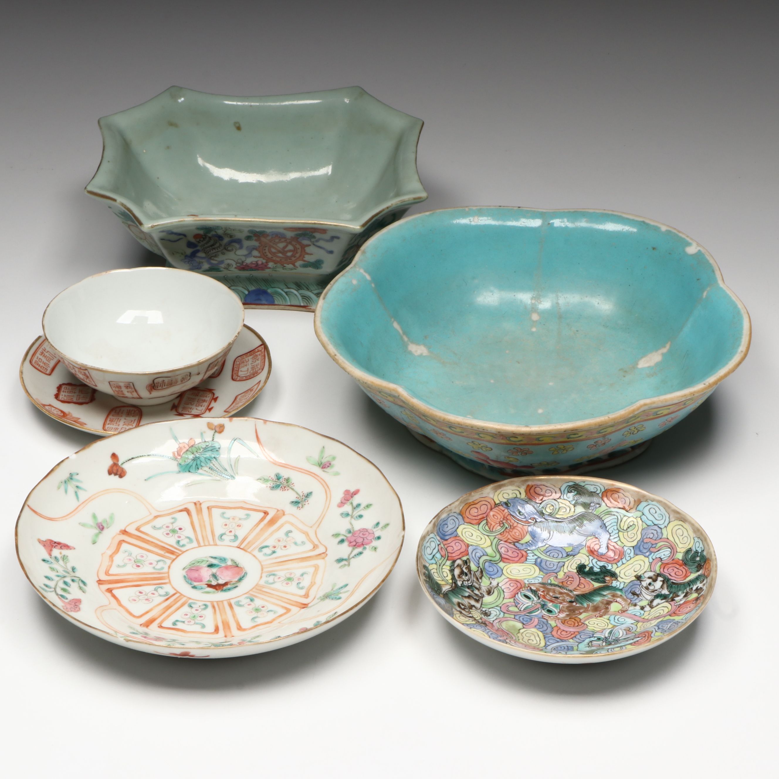 Antique Chinese Famille Rose with Other Porcelain Plates and Bowls