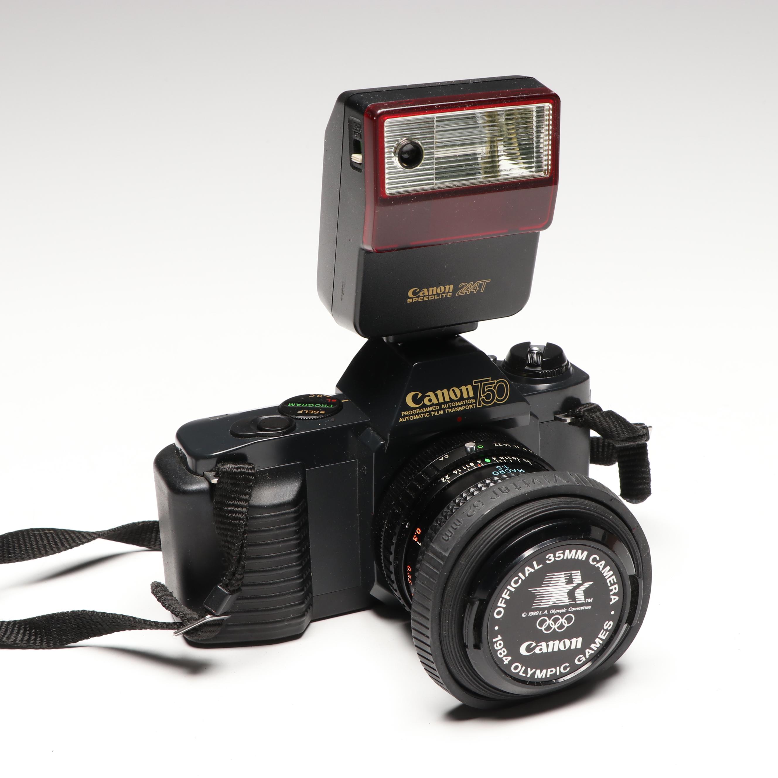 Canon T50 35mm Camera with Toyo Optics Lens, Flash and Cases