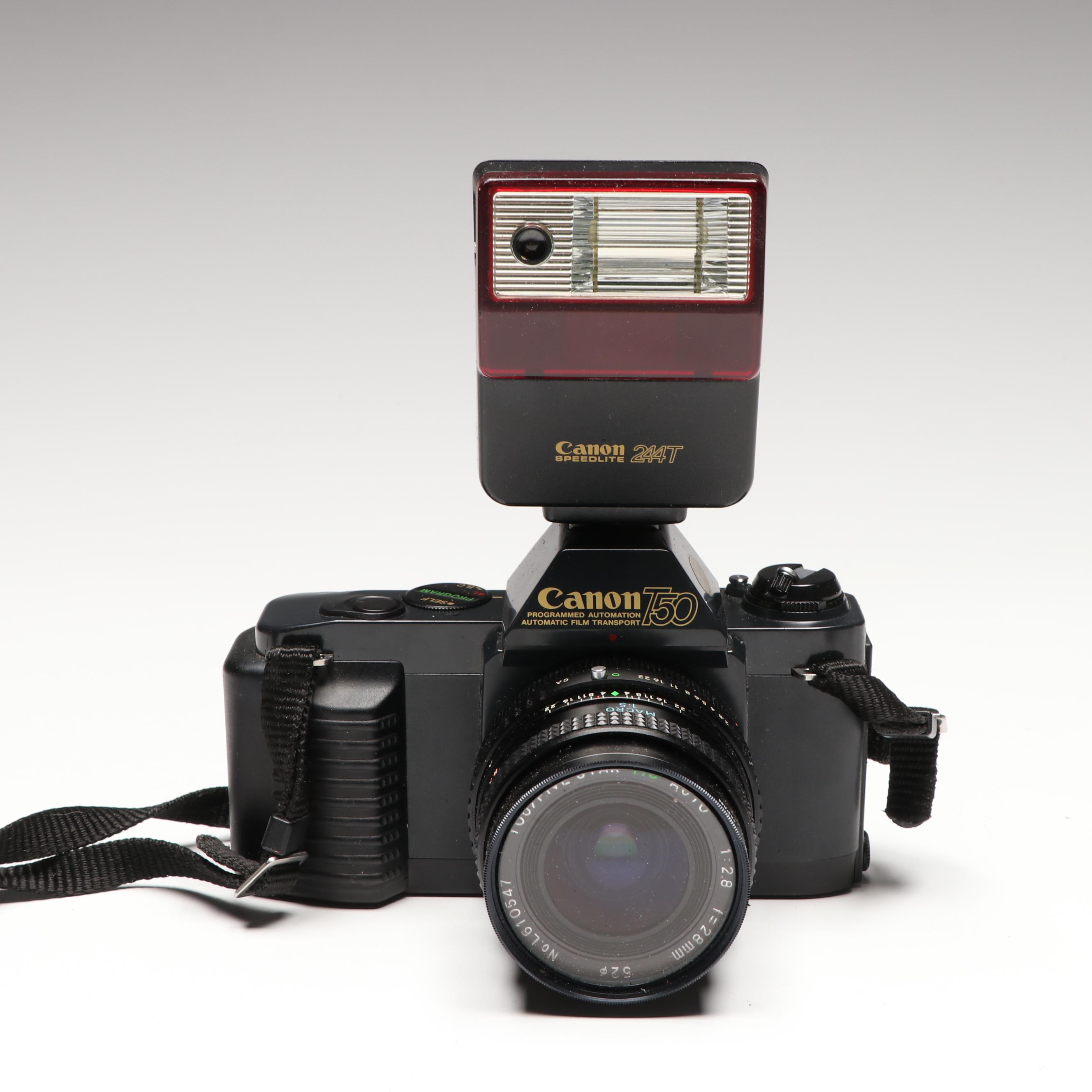 Canon T50 35mm Camera with Toyo Optics Lens, Flash and Cases