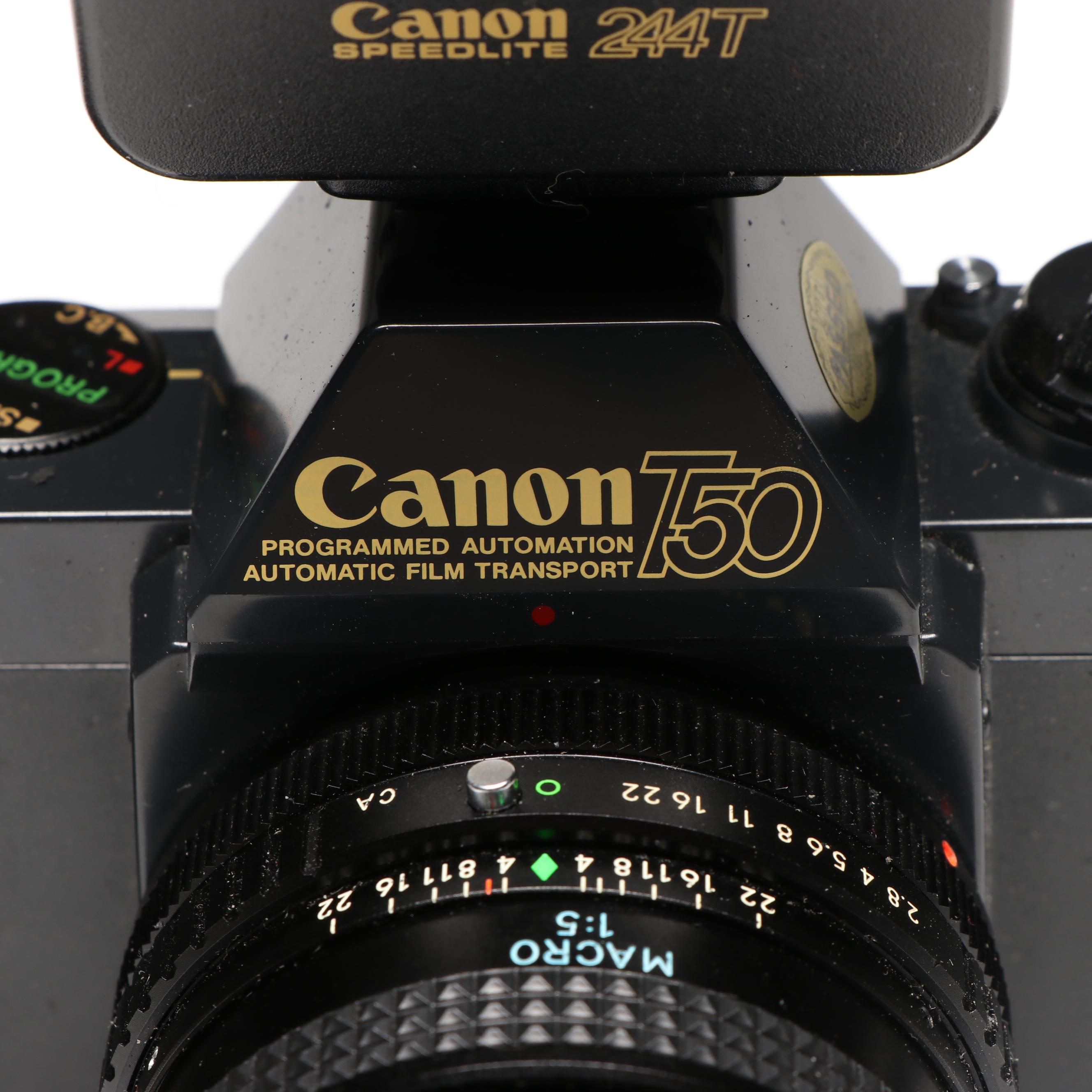 Canon T50 35mm Camera with Toyo Optics Lens, Flash and Cases