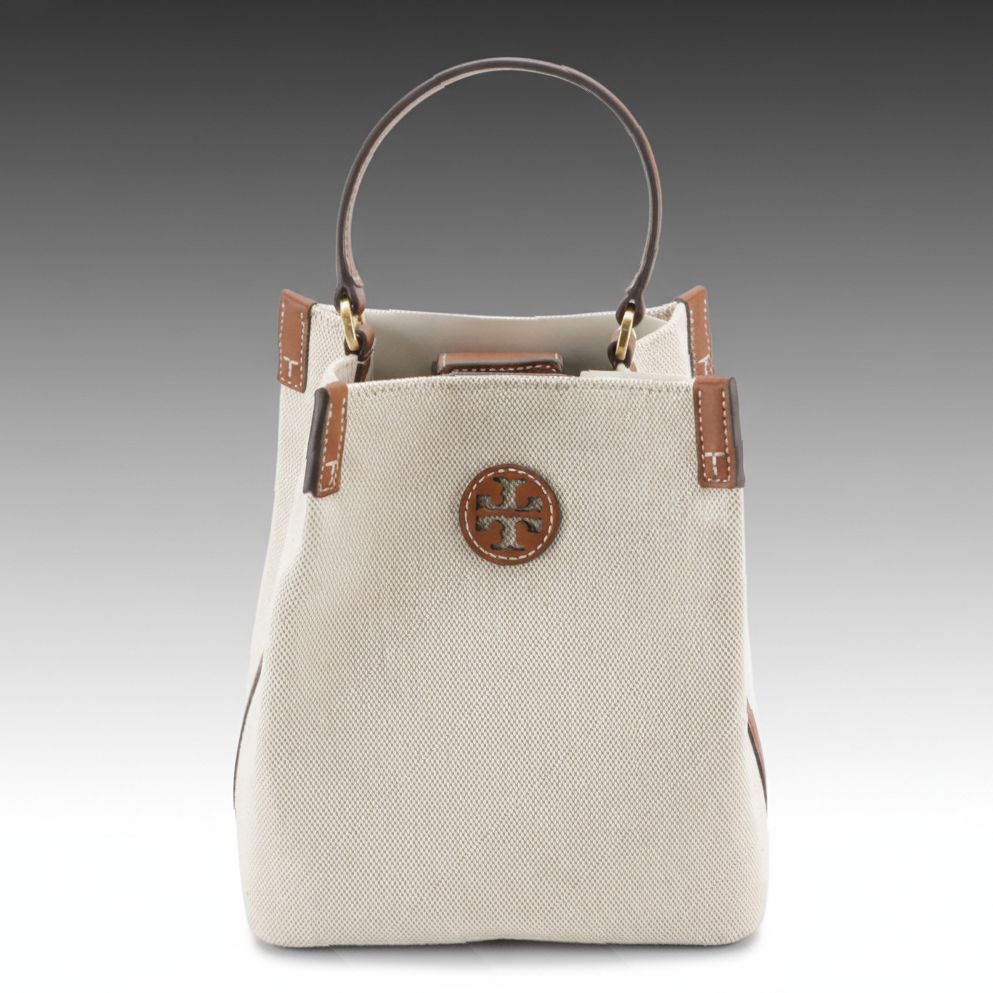 Tory Burch Blake Two-Way Bucket Bag in Natural Canvas and Brown Leather