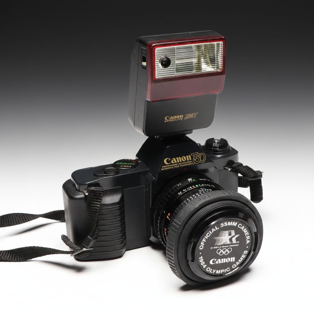 Canon T50 35mm Camera with Toyo Optics Lens, Flash and Cases