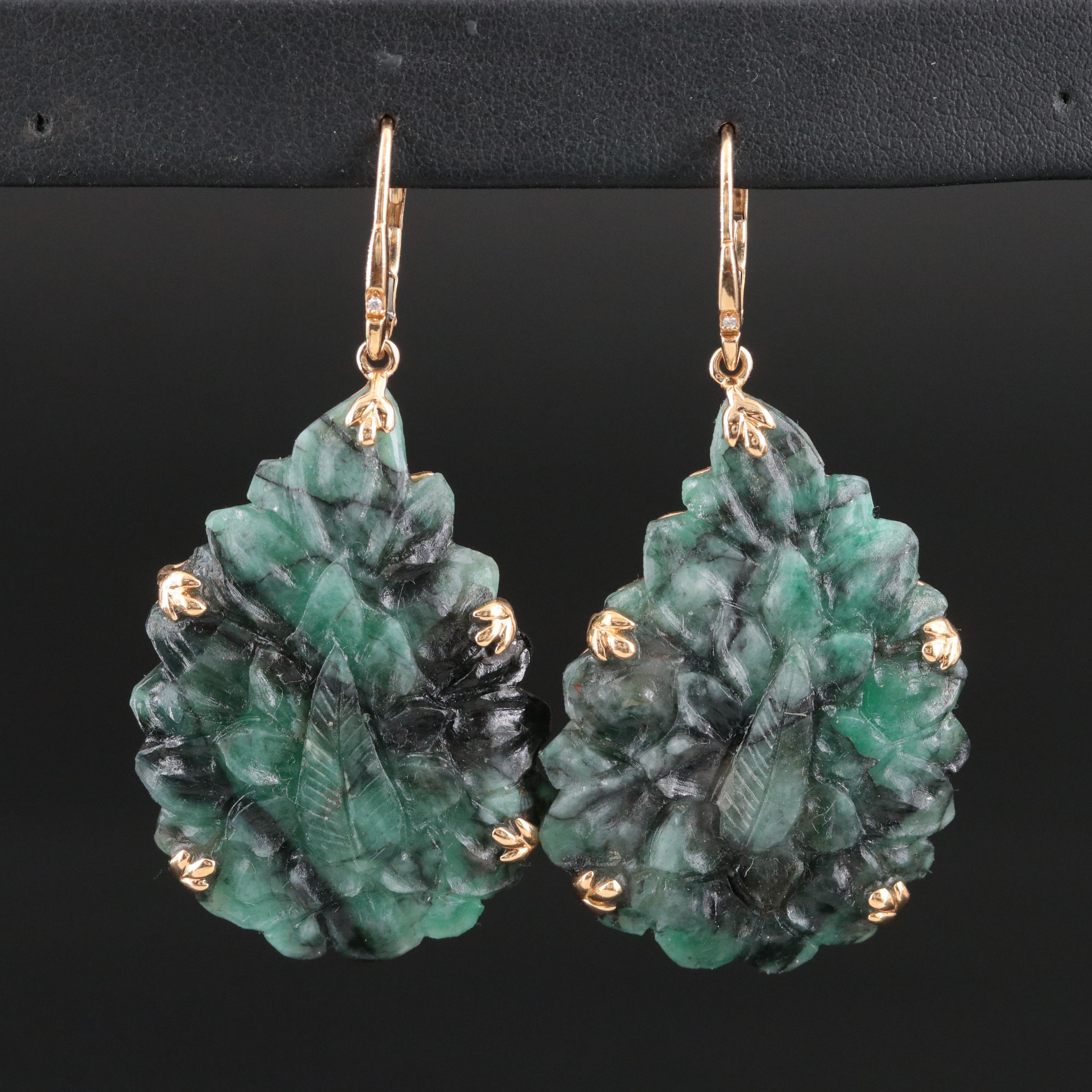 Chromia 18K Emerald and Diamond Carved Drop Earrings