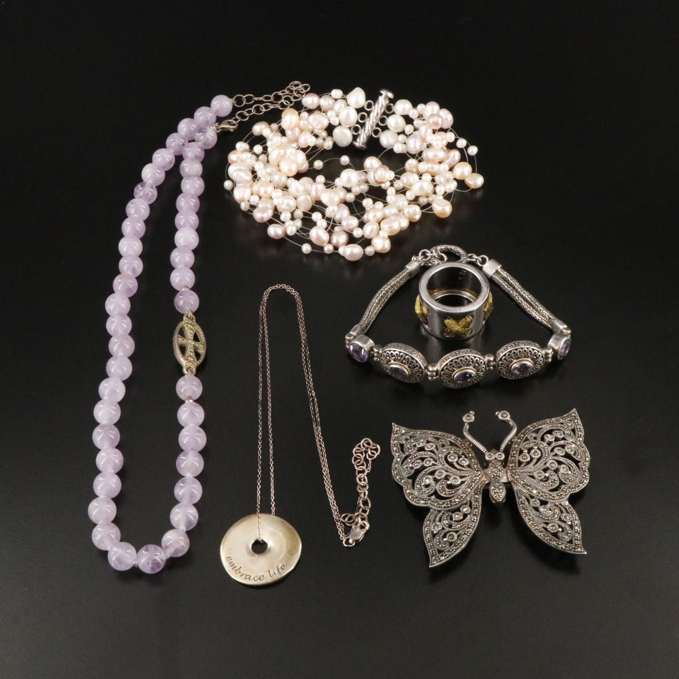Amethyst, Pearl and Marcasite Featured in Sterling Jewelry