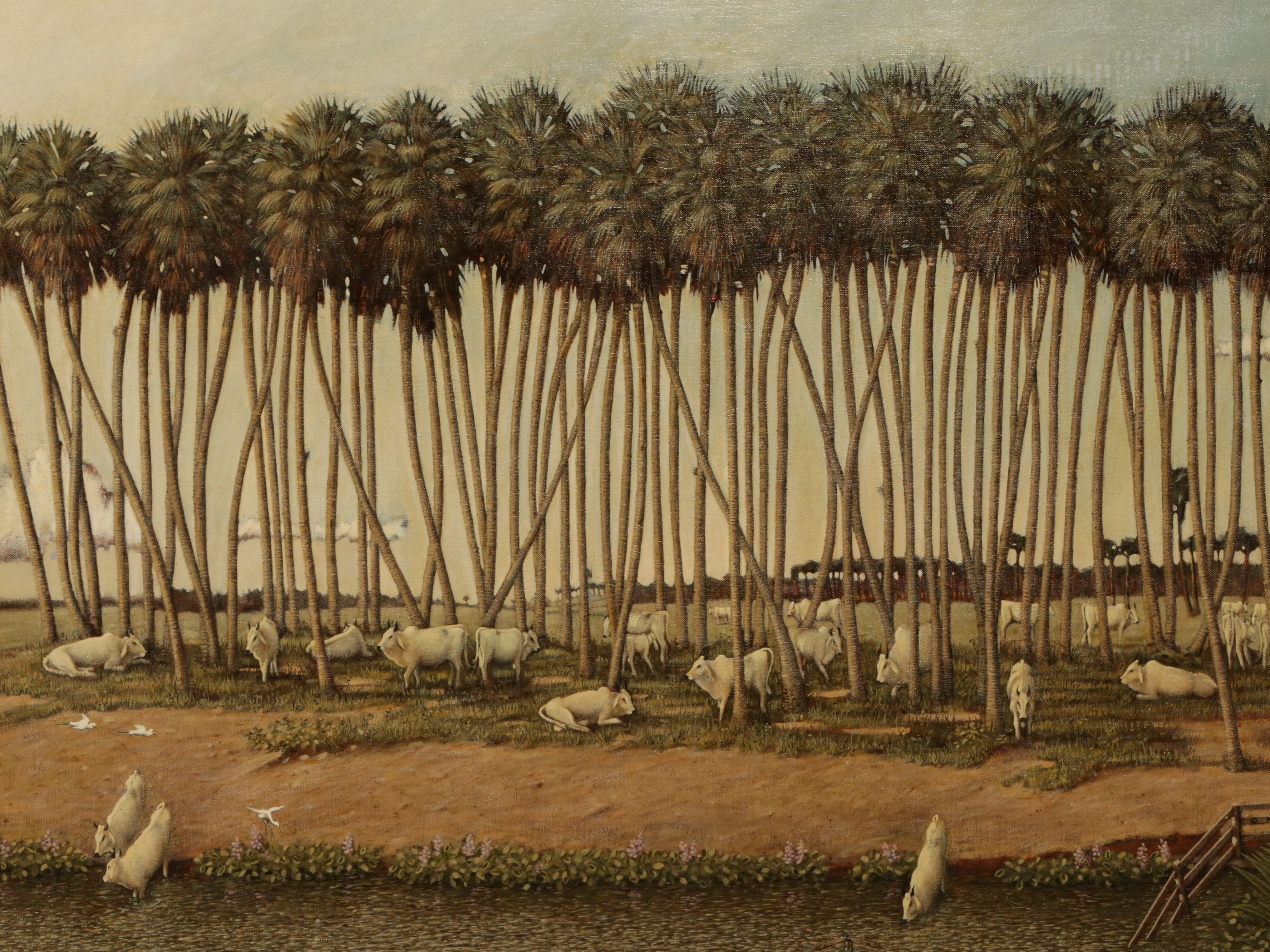 Kenneth Hess Oil Painting of Cow Herd in Palm Grove, 1981