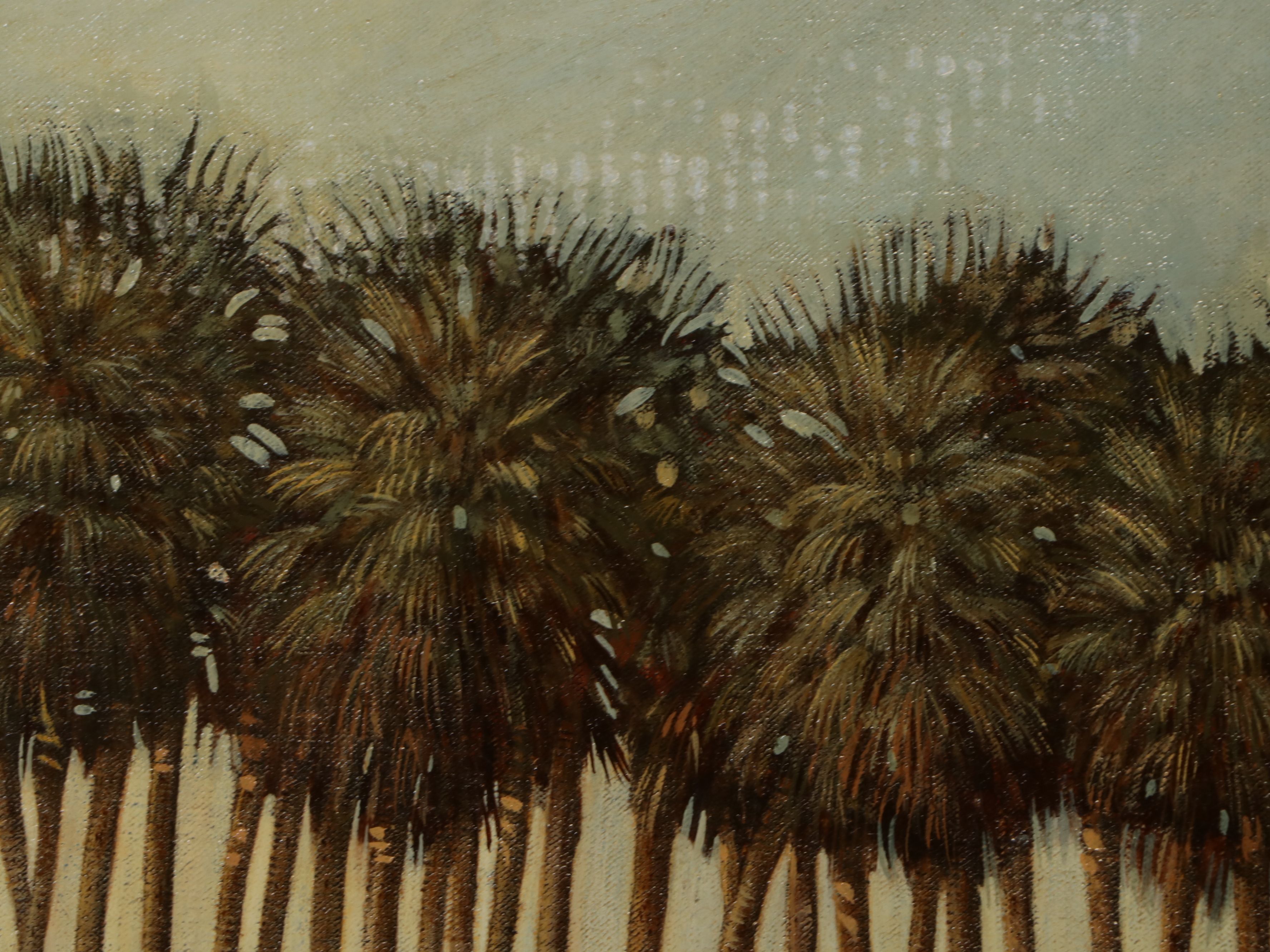 Kenneth Hess Oil Painting of Cow Herd in Palm Grove, 1981