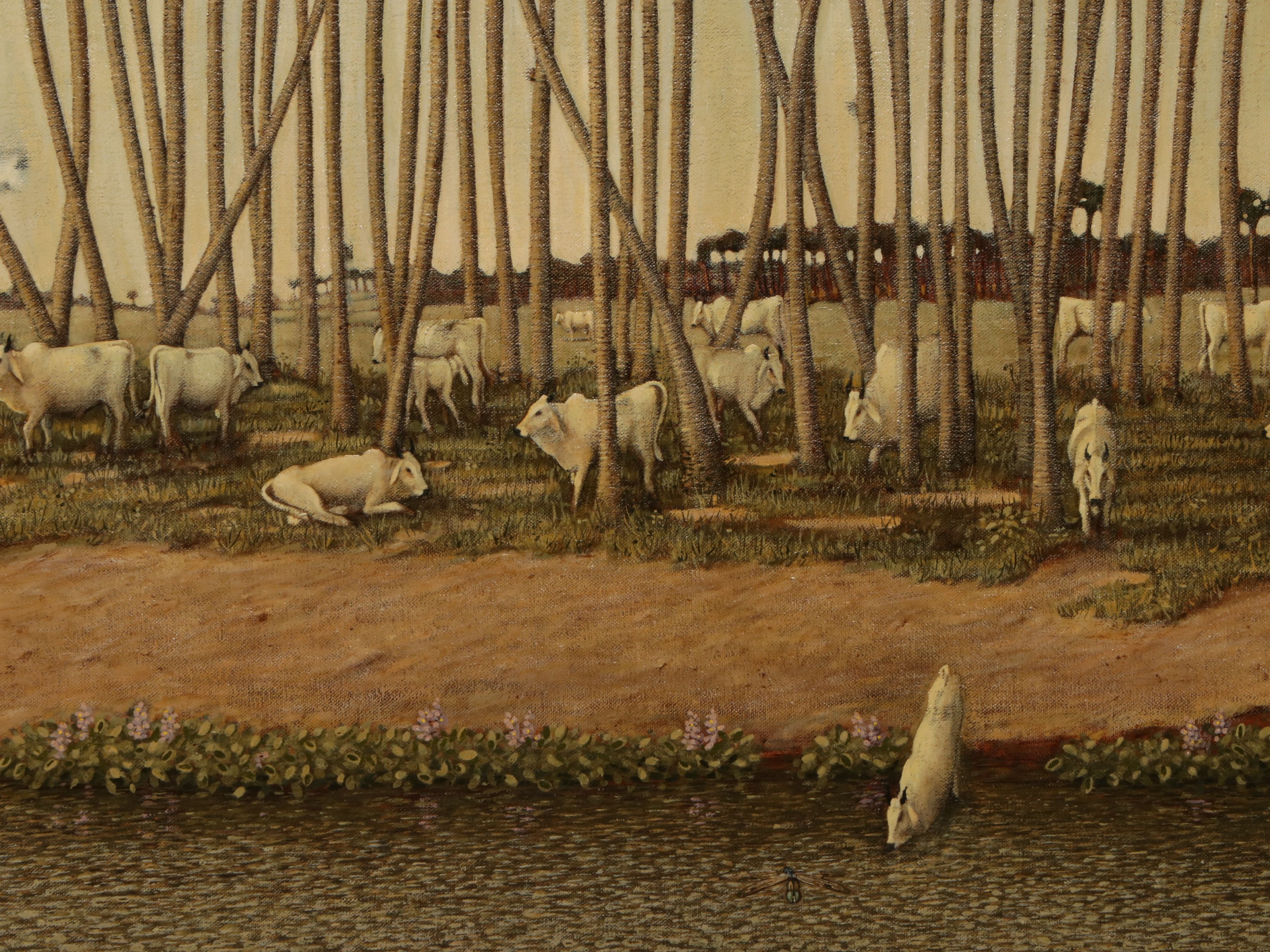Kenneth Hess Oil Painting of Cow Herd in Palm Grove, 1981