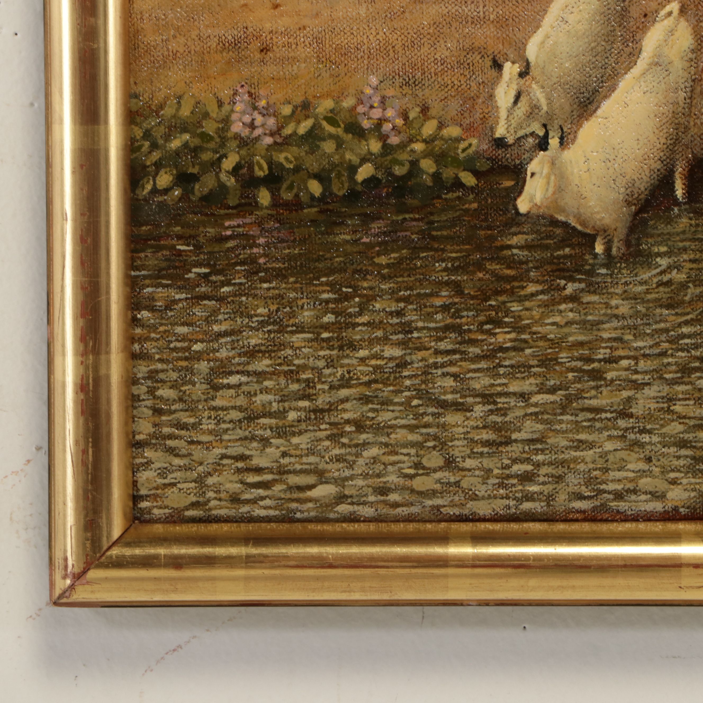 Kenneth Hess Oil Painting of Cow Herd in Palm Grove, 1981