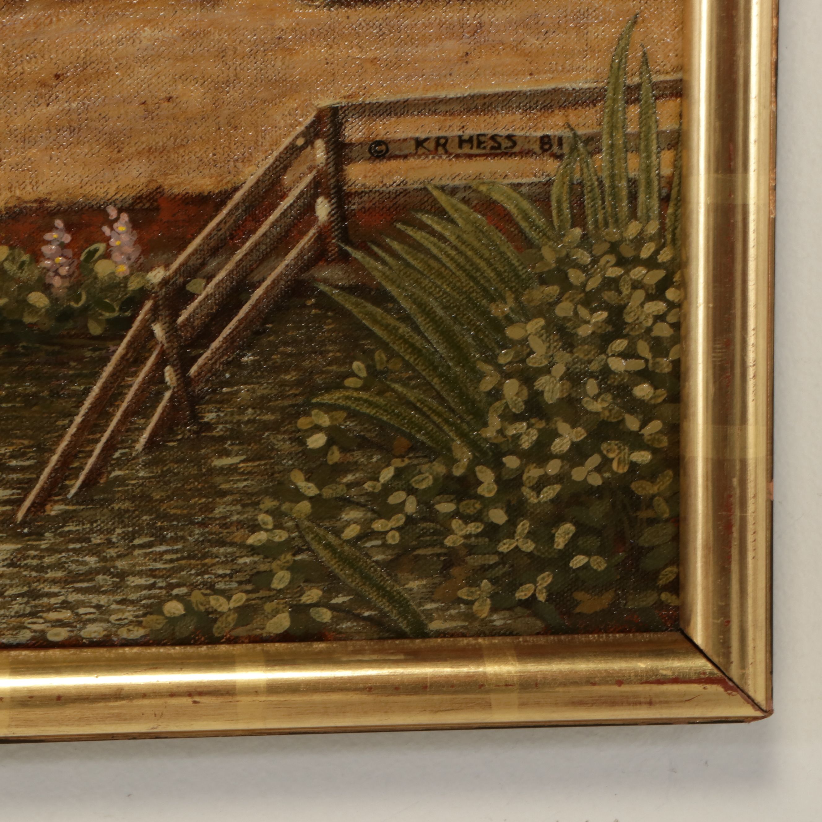 Kenneth Hess Oil Painting of Cow Herd in Palm Grove, 1981