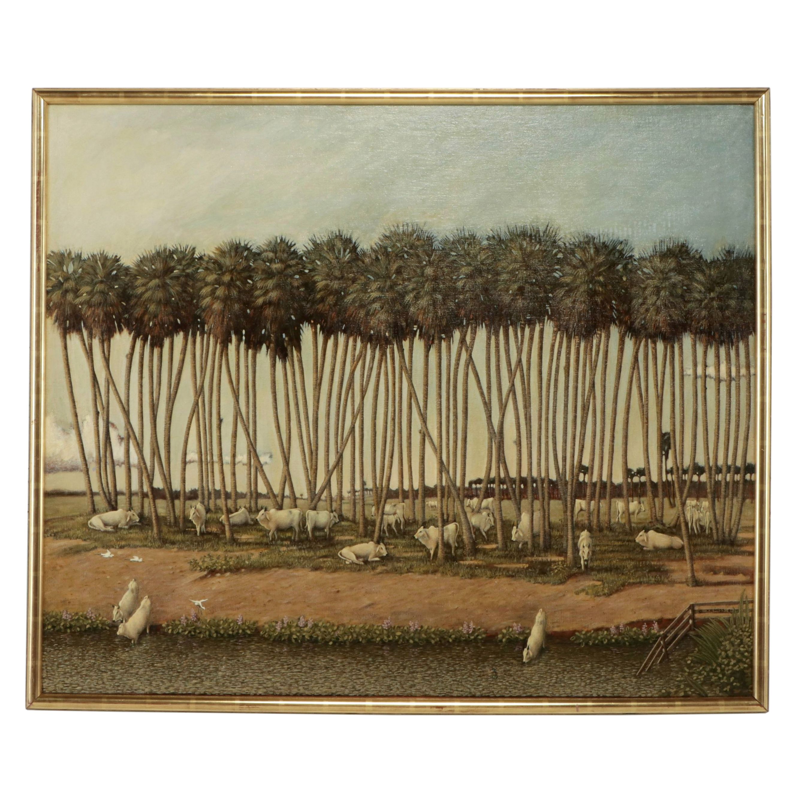 Kenneth Hess Oil Painting of Cow Herd in Palm Grove, 1981
