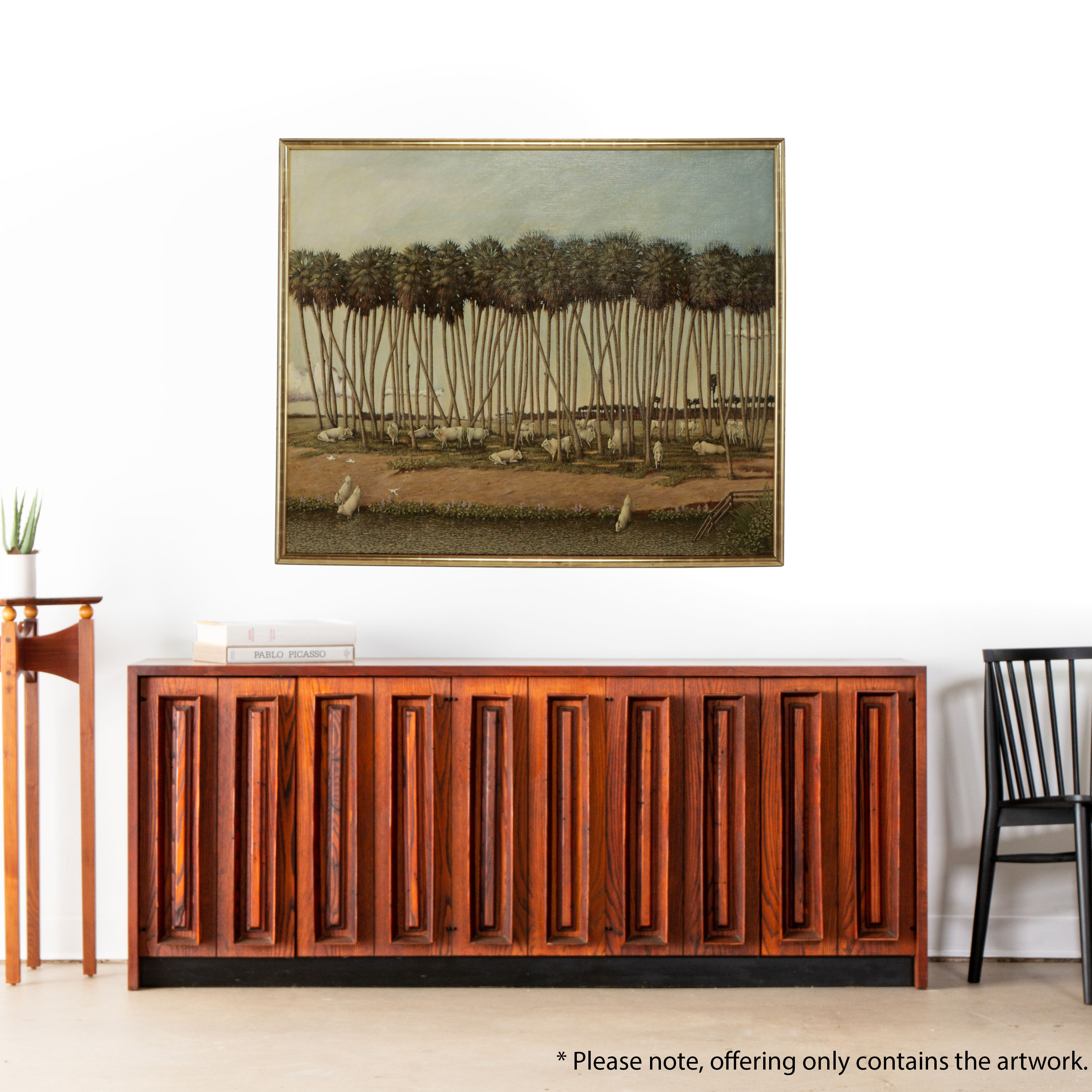 Kenneth Hess Oil Painting of Cow Herd in Palm Grove, 1981