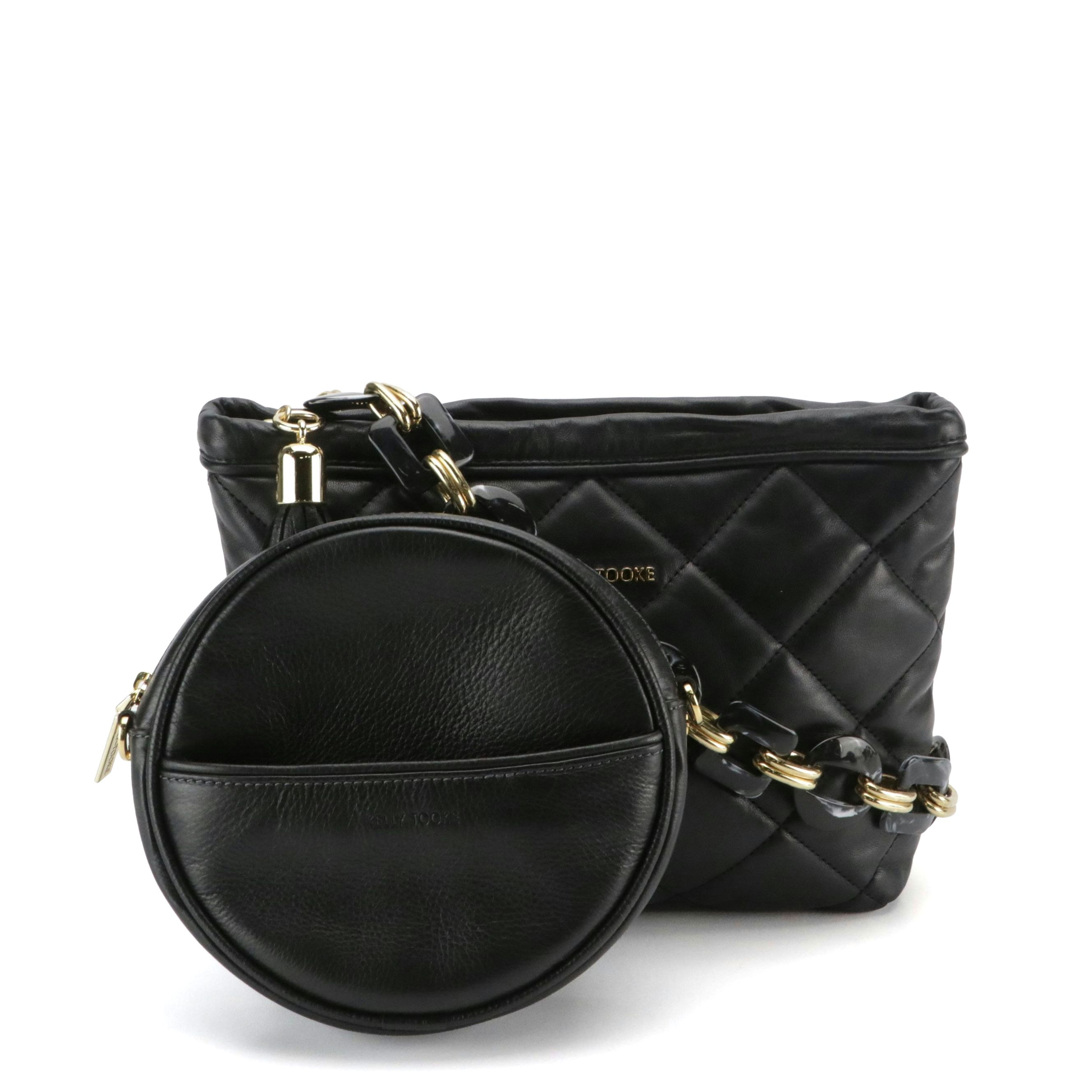 Kelly-Tooke Round Crossbody Bag and Quilted Chain-Link Bag in Black Leather