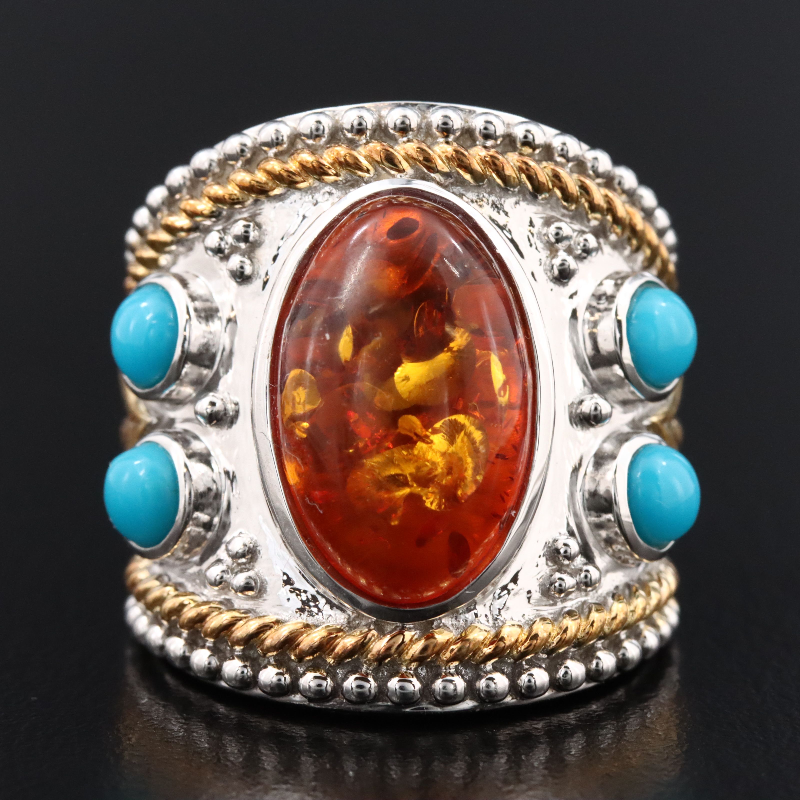 Sterling Amber and Turquoise Ring