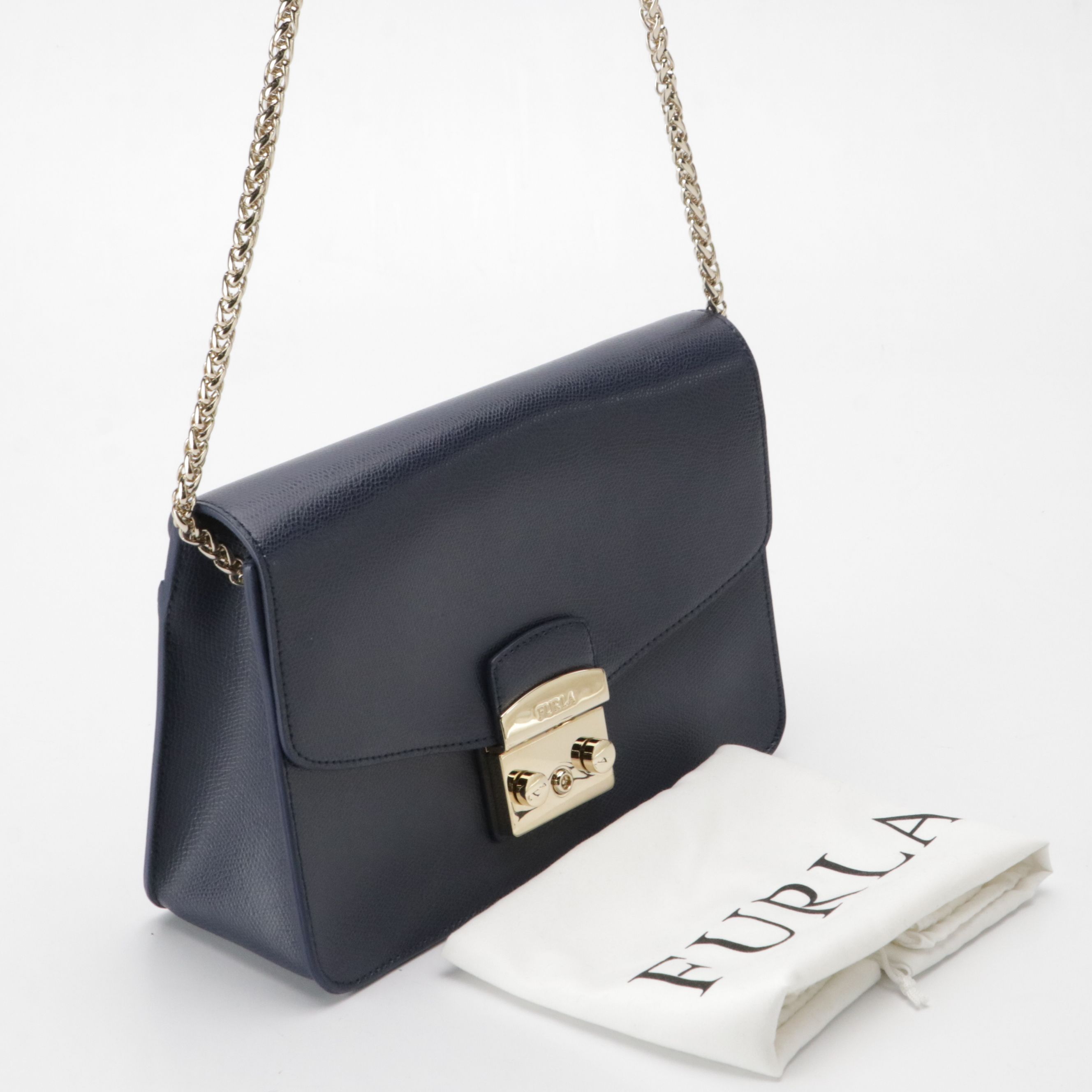 Furla Navy Blue Grain Leather Metropolis Flap-Front Shoulder Bag