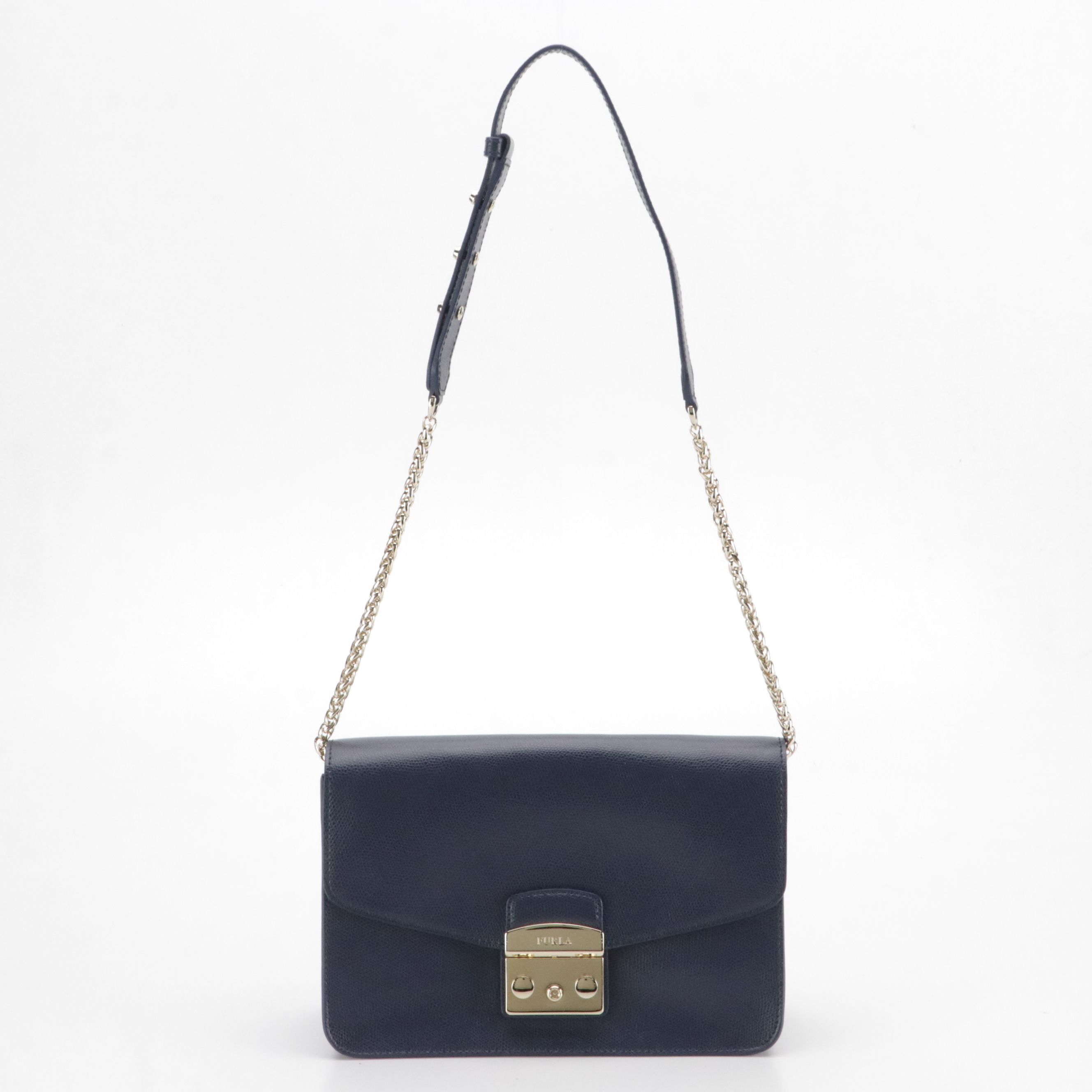 Furla Navy Blue Grain Leather Metropolis Flap-Front Shoulder Bag