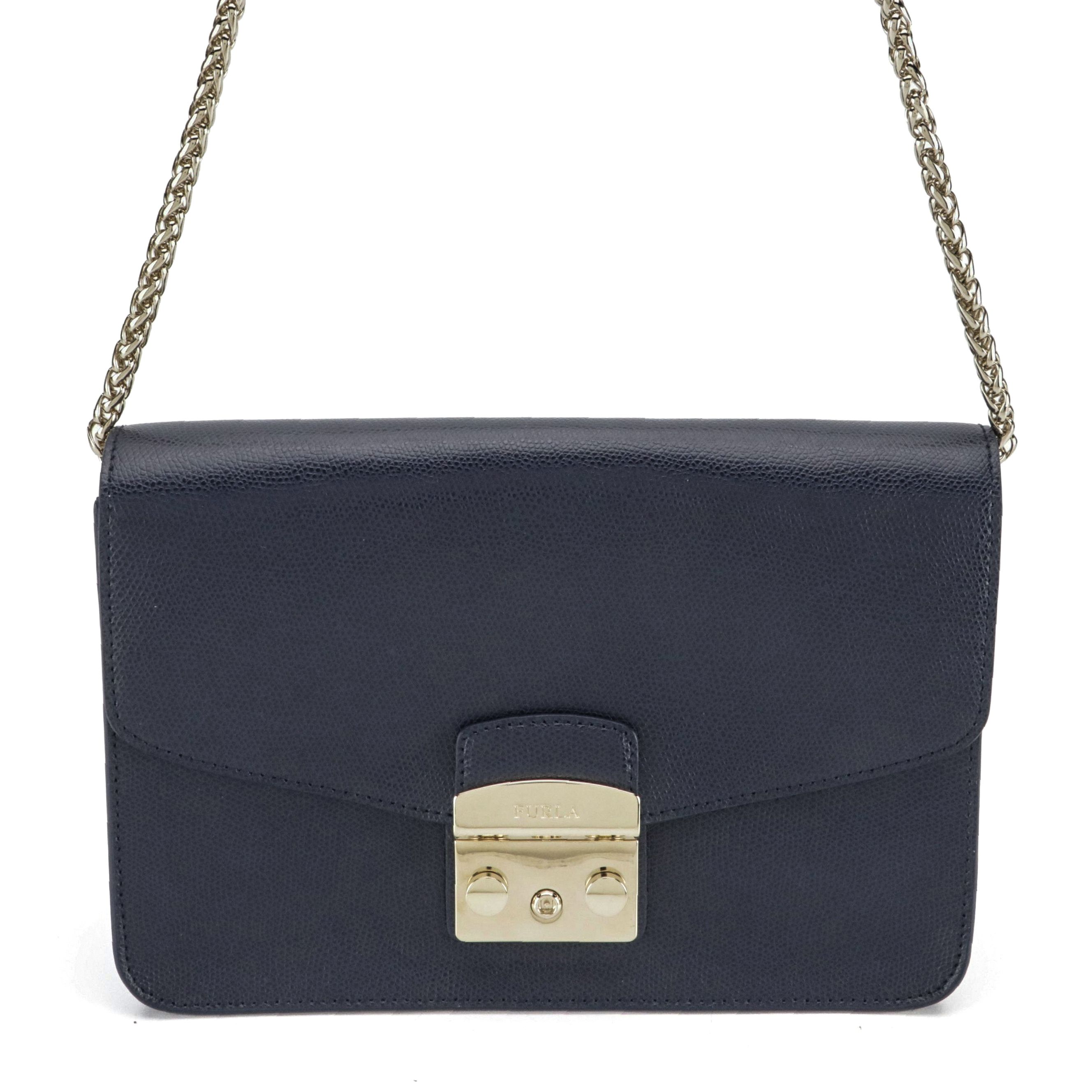 Furla Navy Blue Grain Leather Metropolis Flap-Front Shoulder Bag