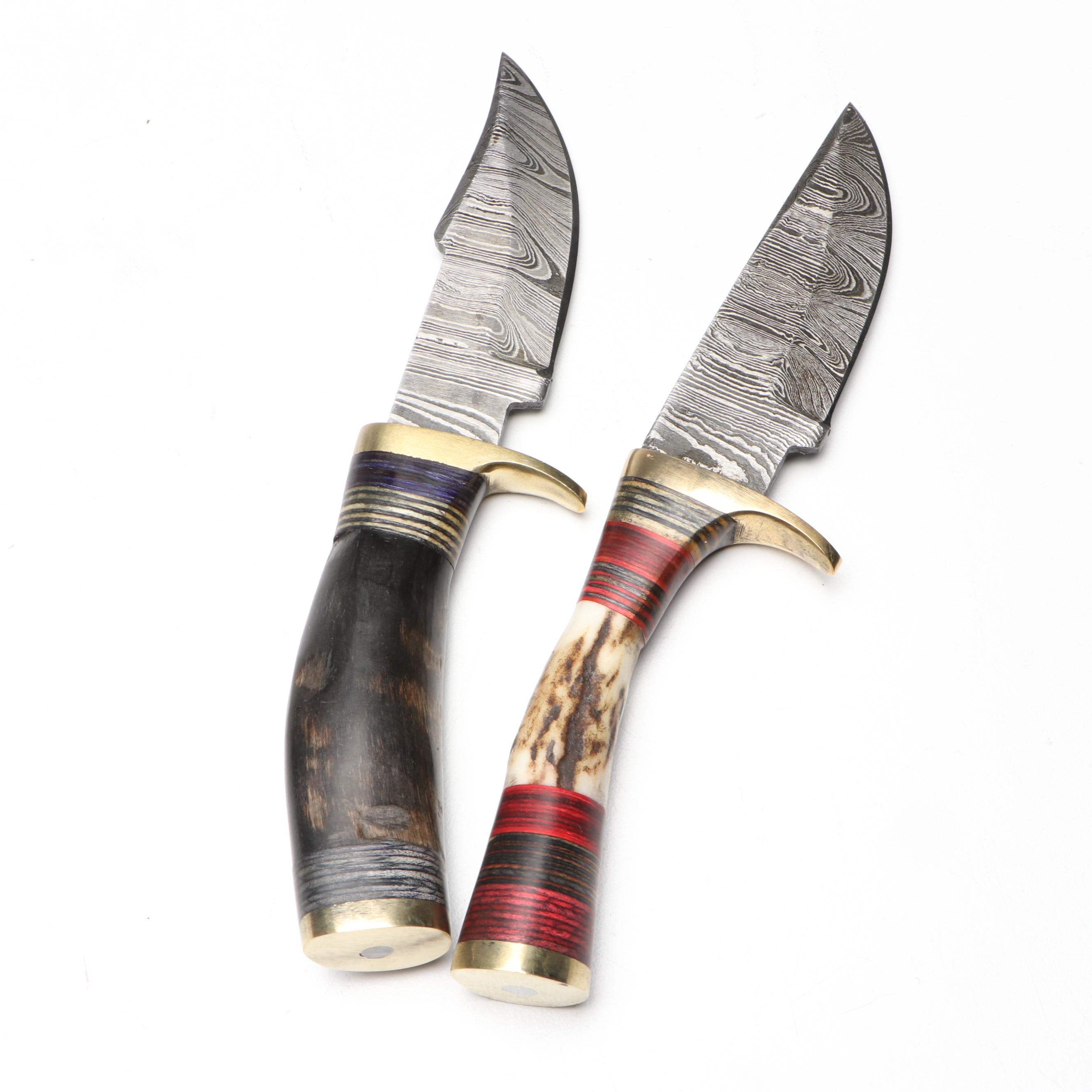 Damascus Steel Skinner Knives in Leather Scabbards with Cleaver