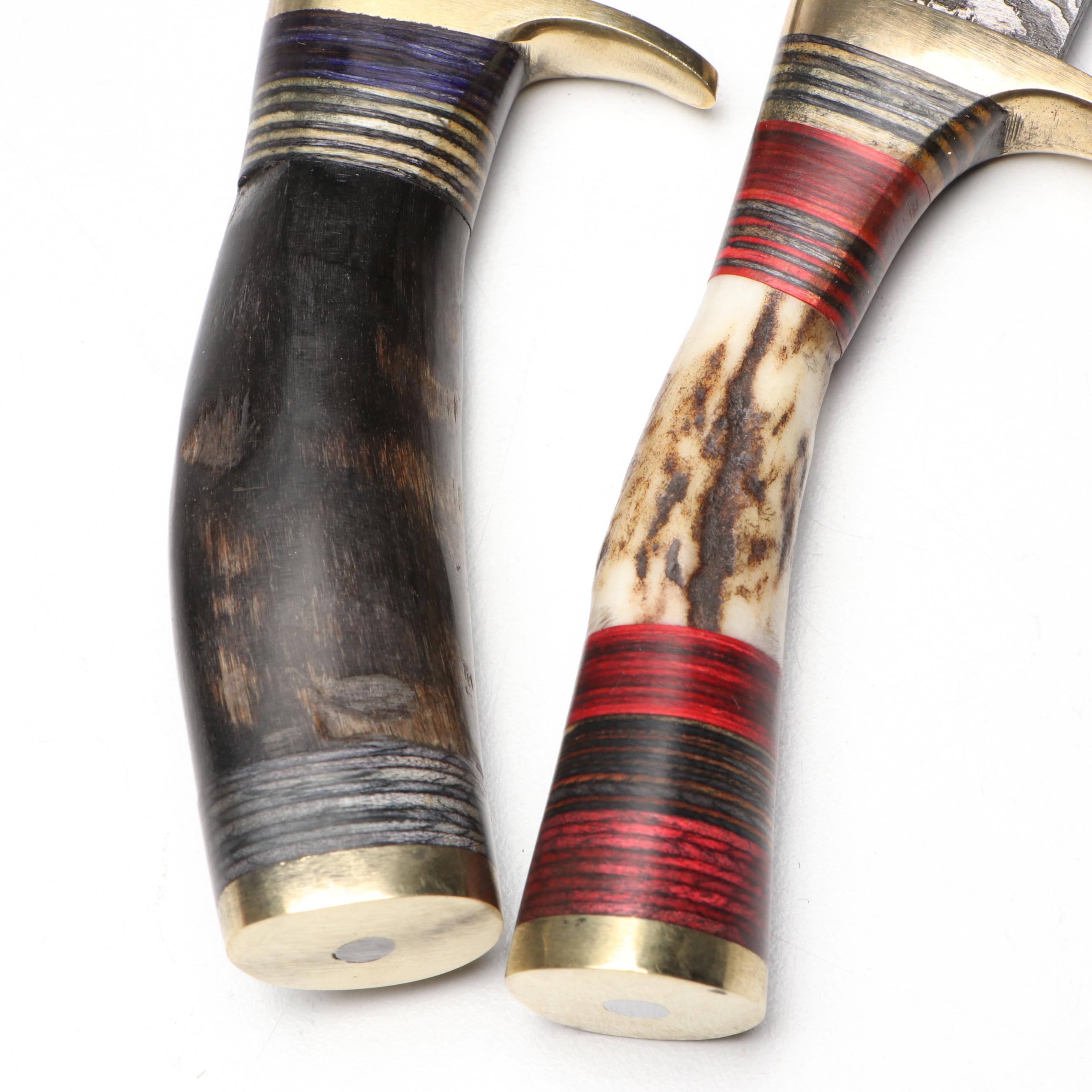 Damascus Steel Skinner Knives in Leather Scabbards with Cleaver