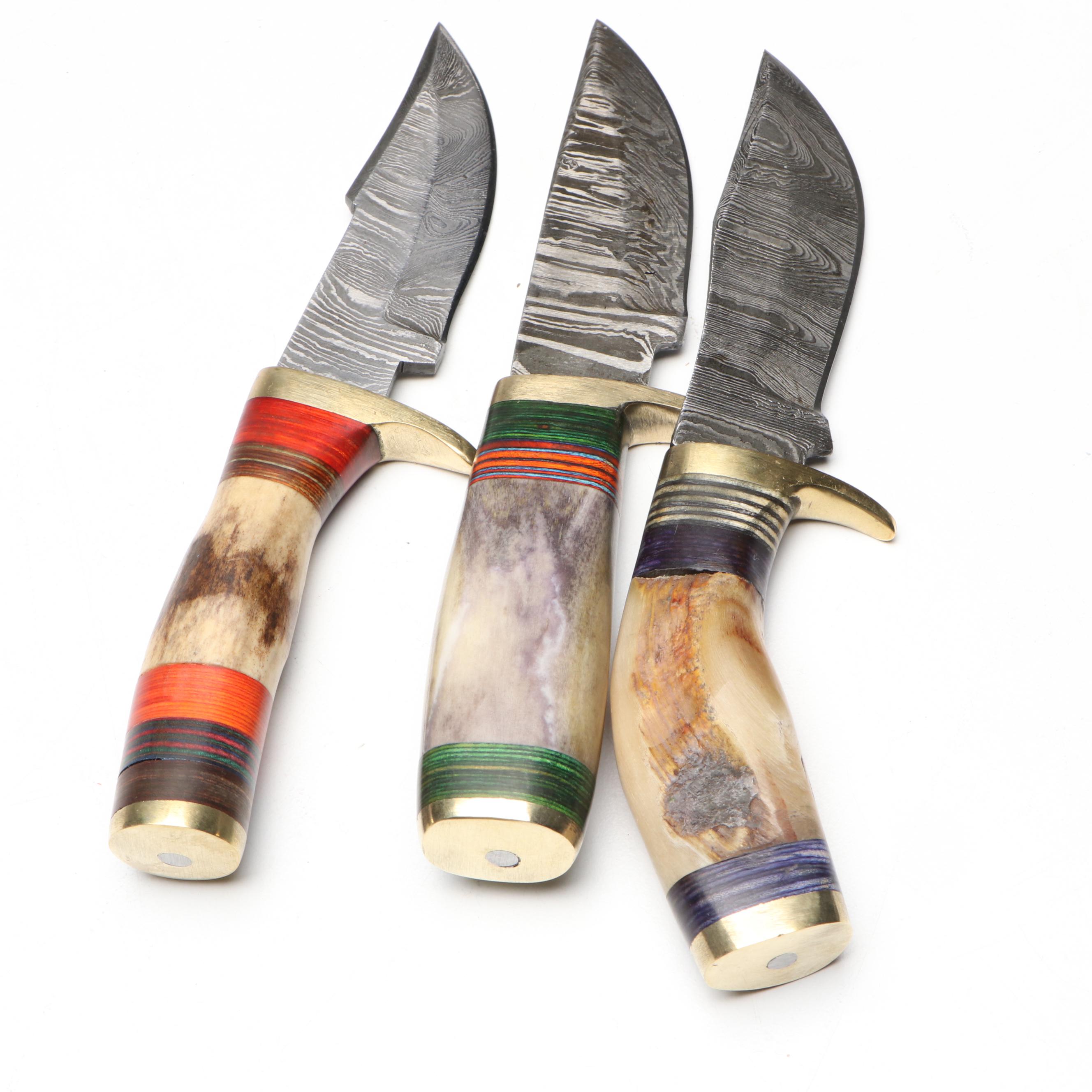 Damascus Steel Skinner Knives in Leather Scabbards with Cleaver