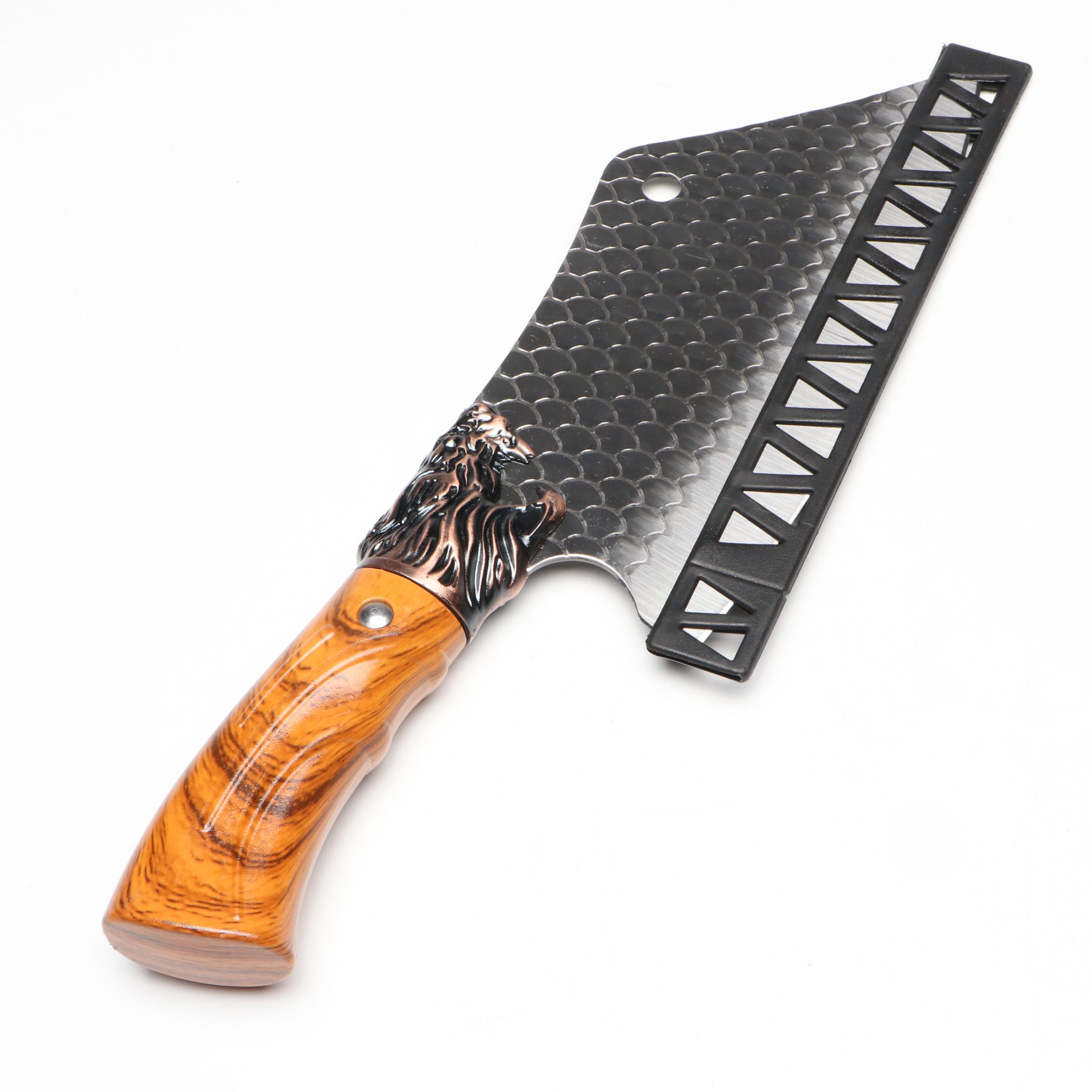 Damascus Steel Skinner Knives in Leather Scabbards with Cleaver