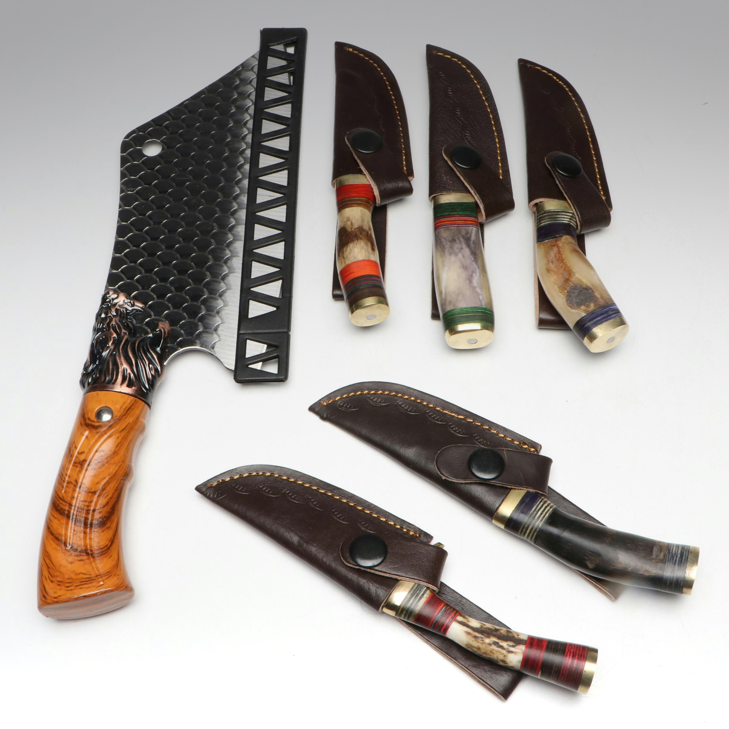 Damascus Steel Skinner Knives in Leather Scabbards with Cleaver