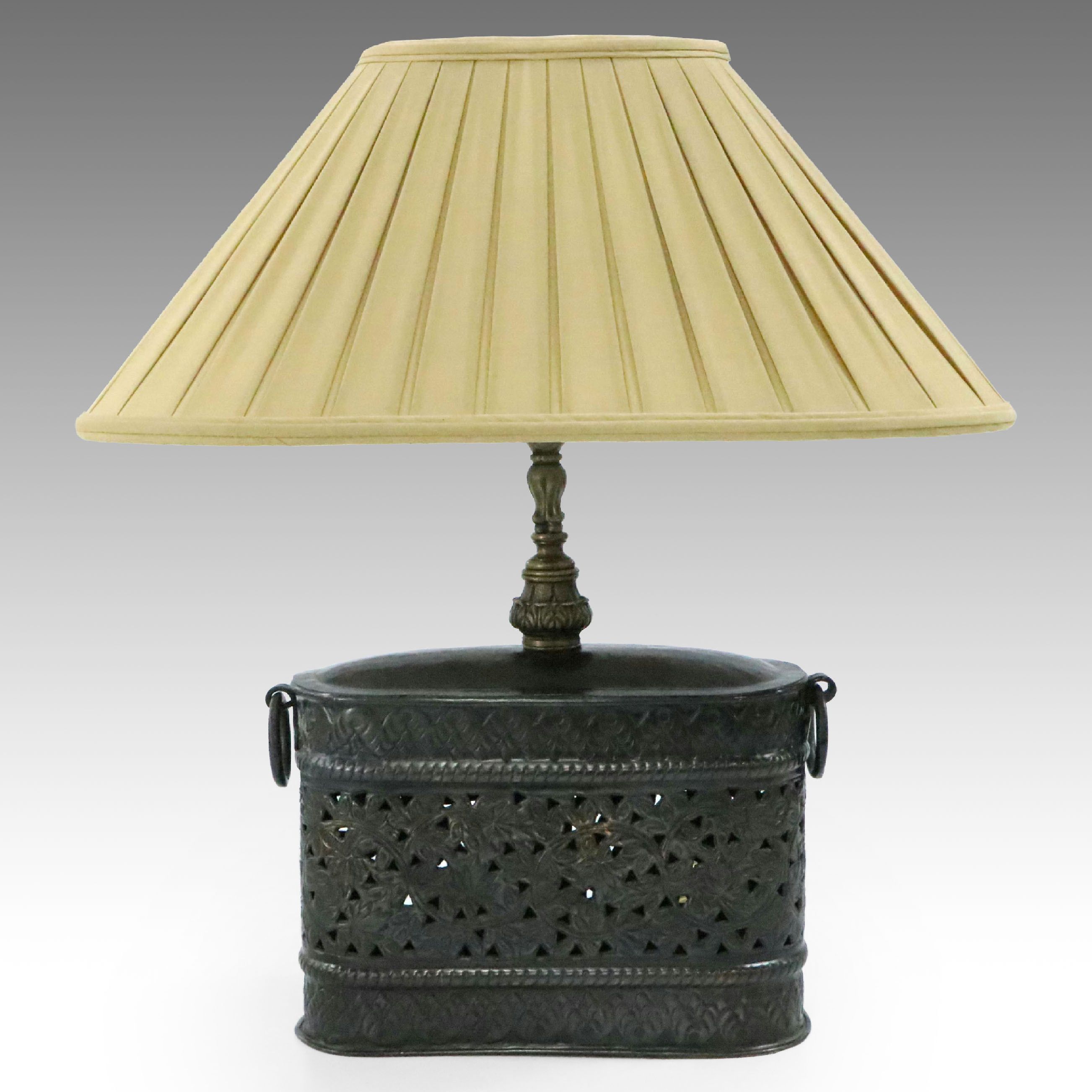Punched and Embossed Patinated Metal Table Lamp with Pleated Shade