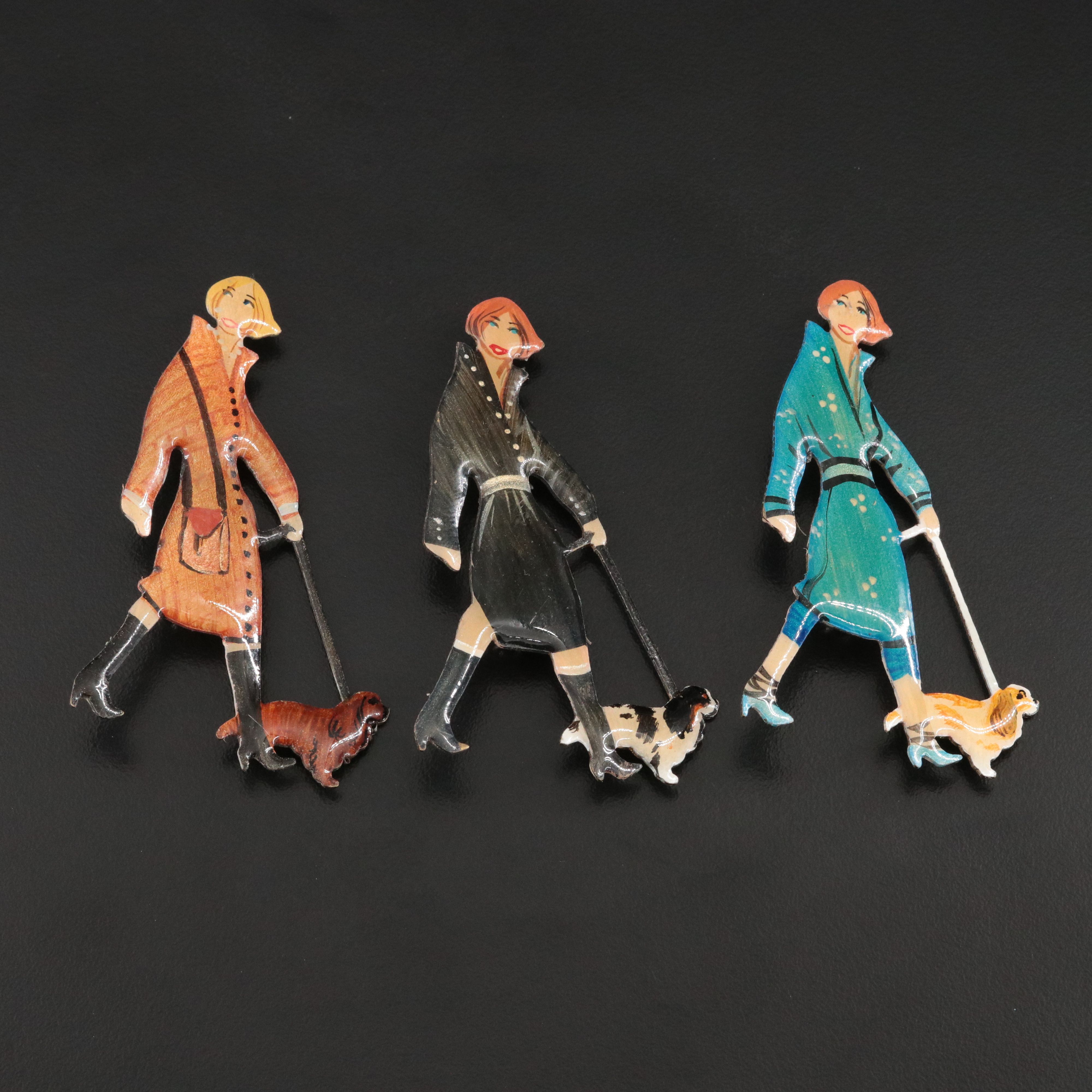 Women Walking Dogs Brooch Collection