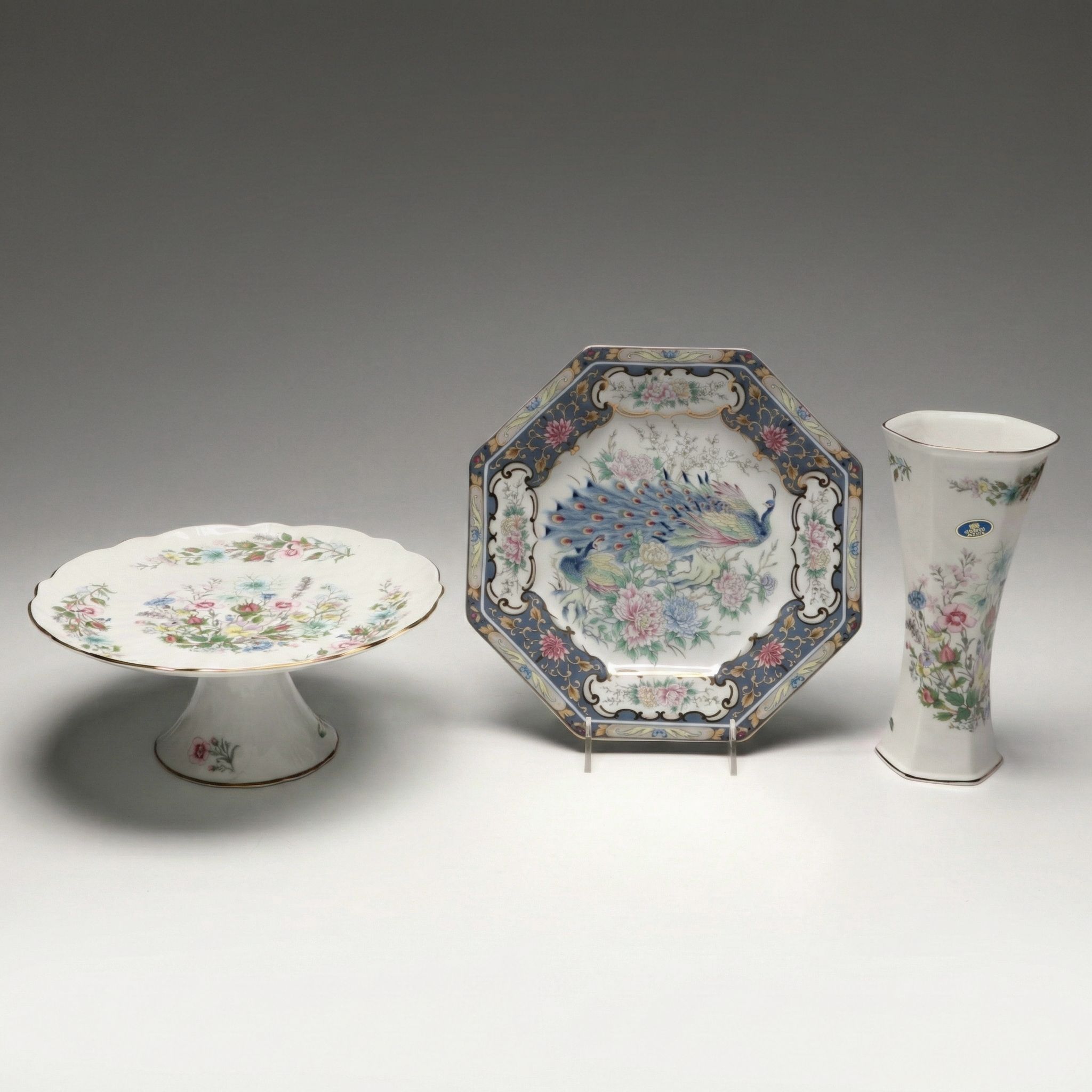 Aynsley "Wild Tudor" Vase and Cake Plate  with Kozan Kiln Decorative Plate