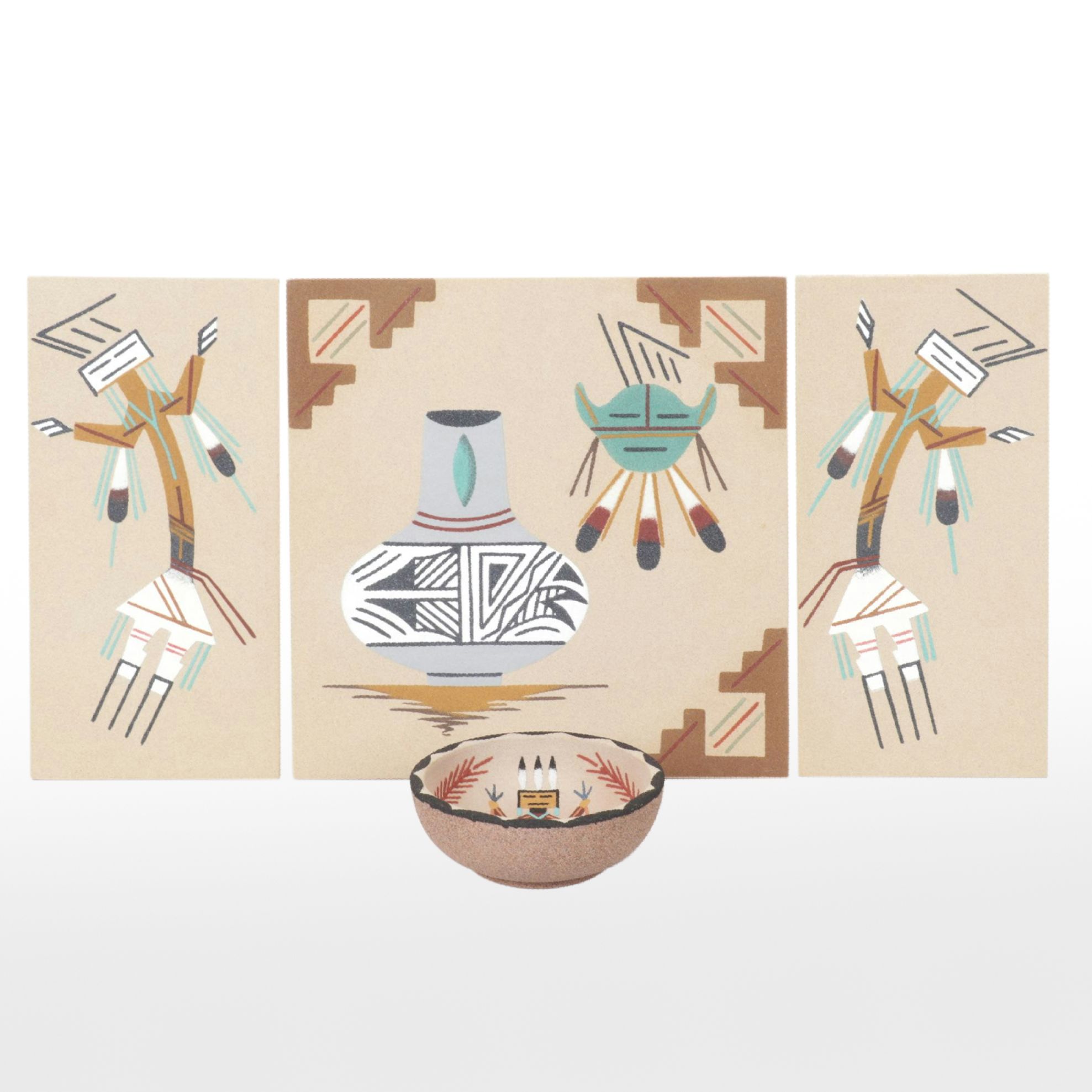 Collection of Symbolic Navajo Sand Painted Panels with Sand Painted Bowl