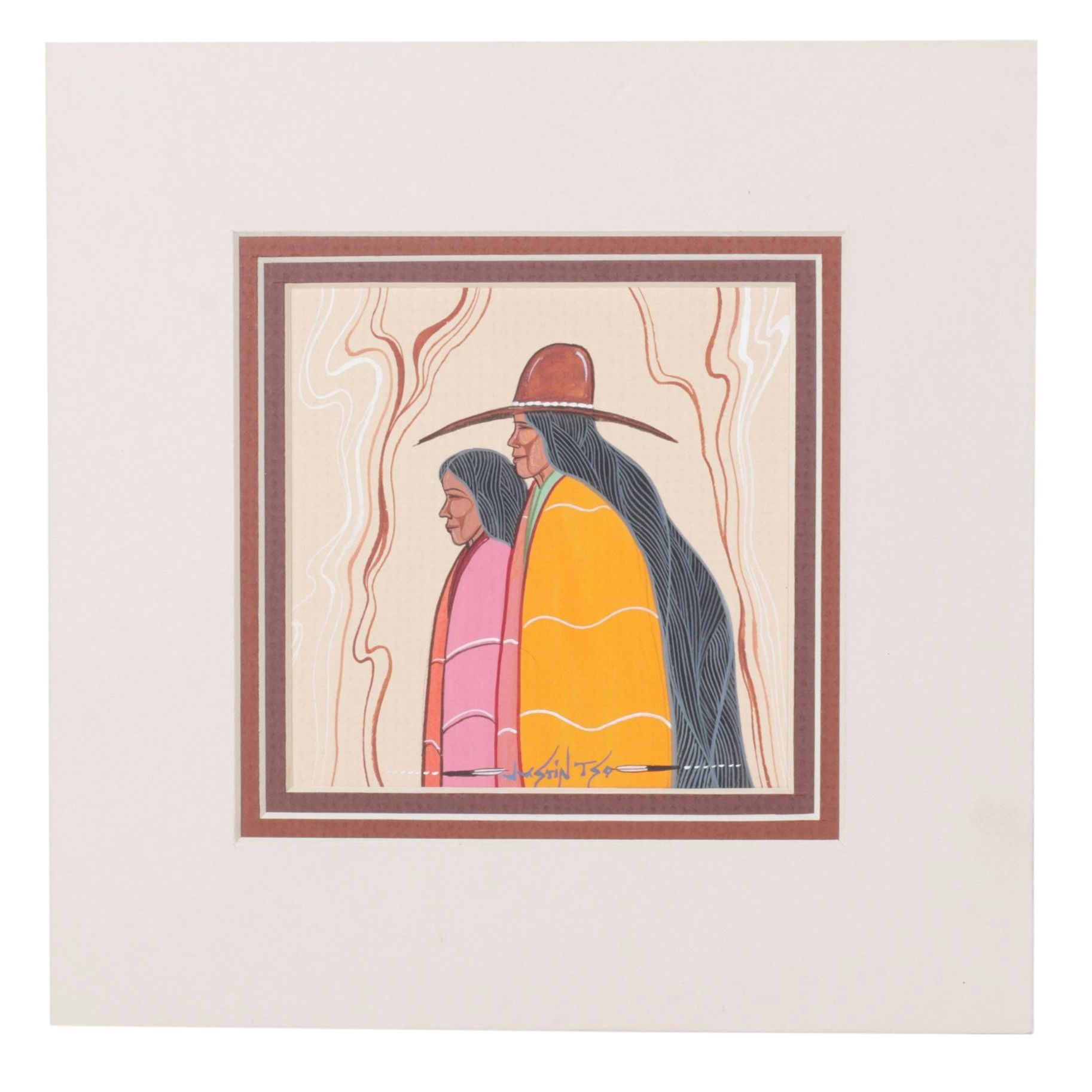 Justin Tso Watercolor Painting "Navajo Couple", Early 21st Century