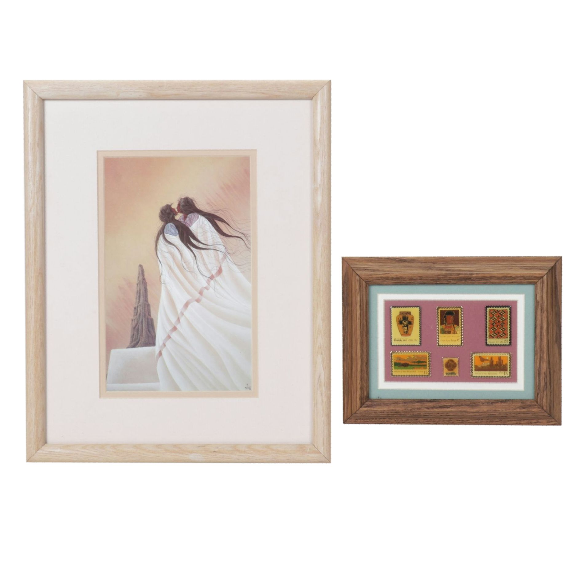 Offset Lithograph After Bill Rabbit "First Kiss" & USPS Native American Pins