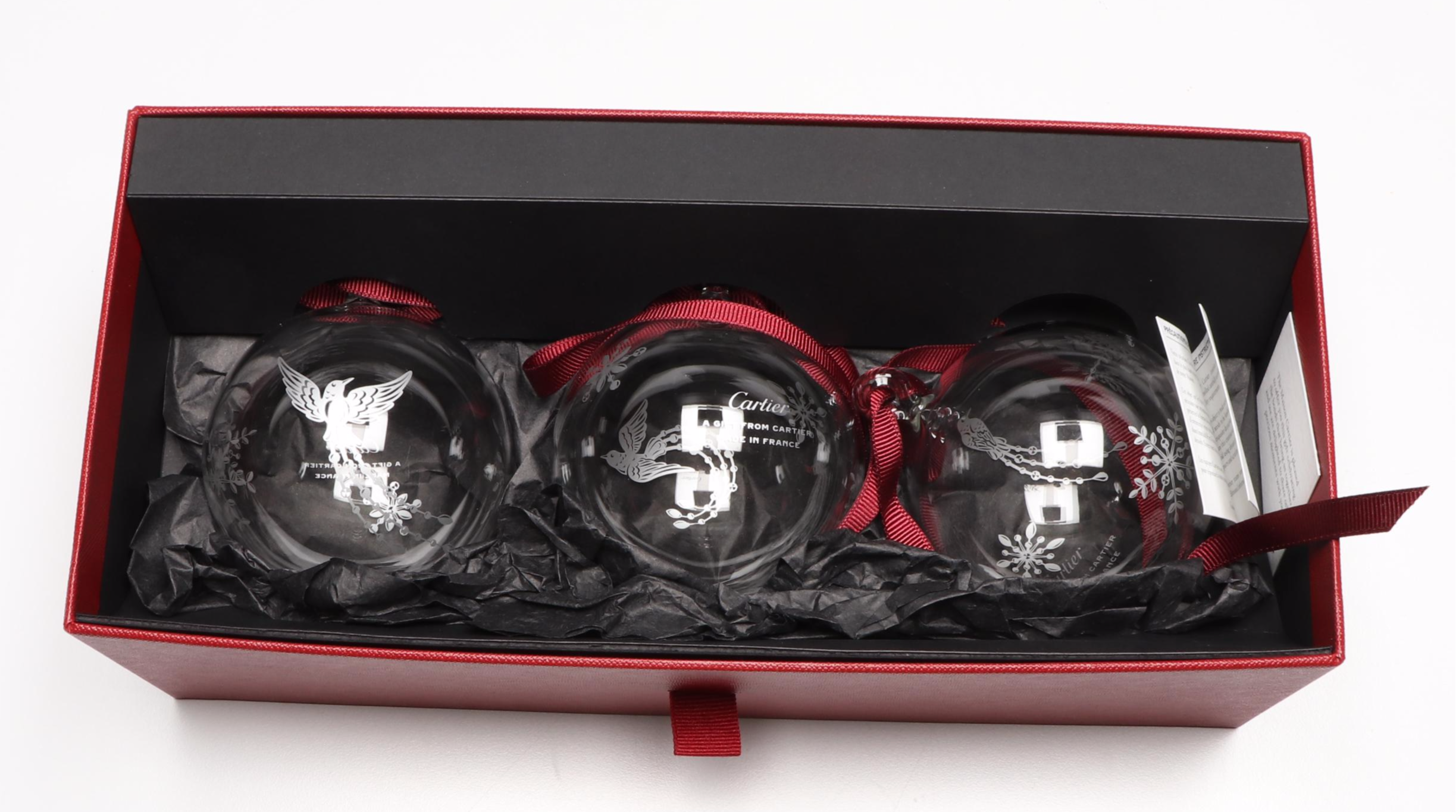 Cartier France Glass Christmas Ornament Trio with Box