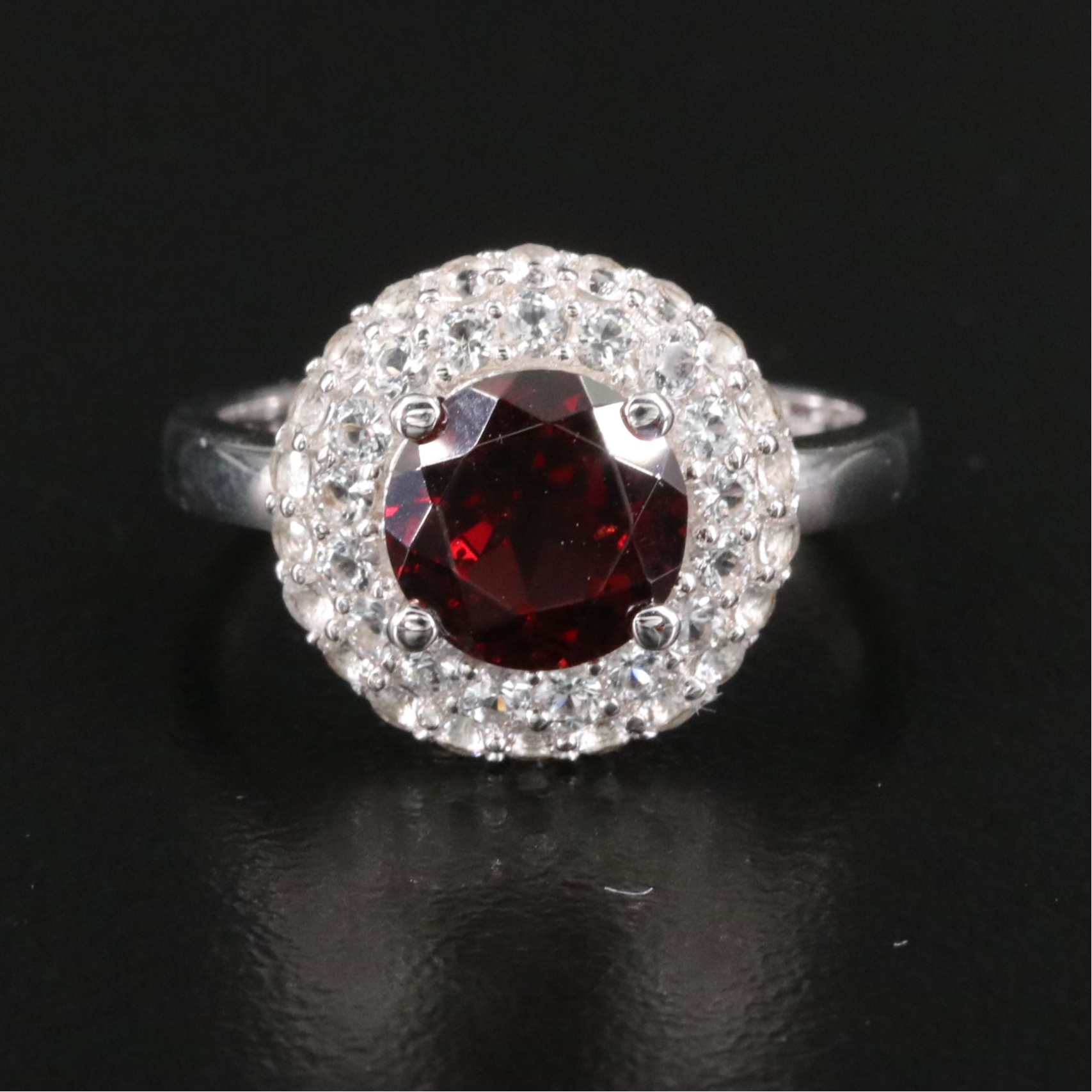 Sterling Garnet and White Topaz Double Halo Ring