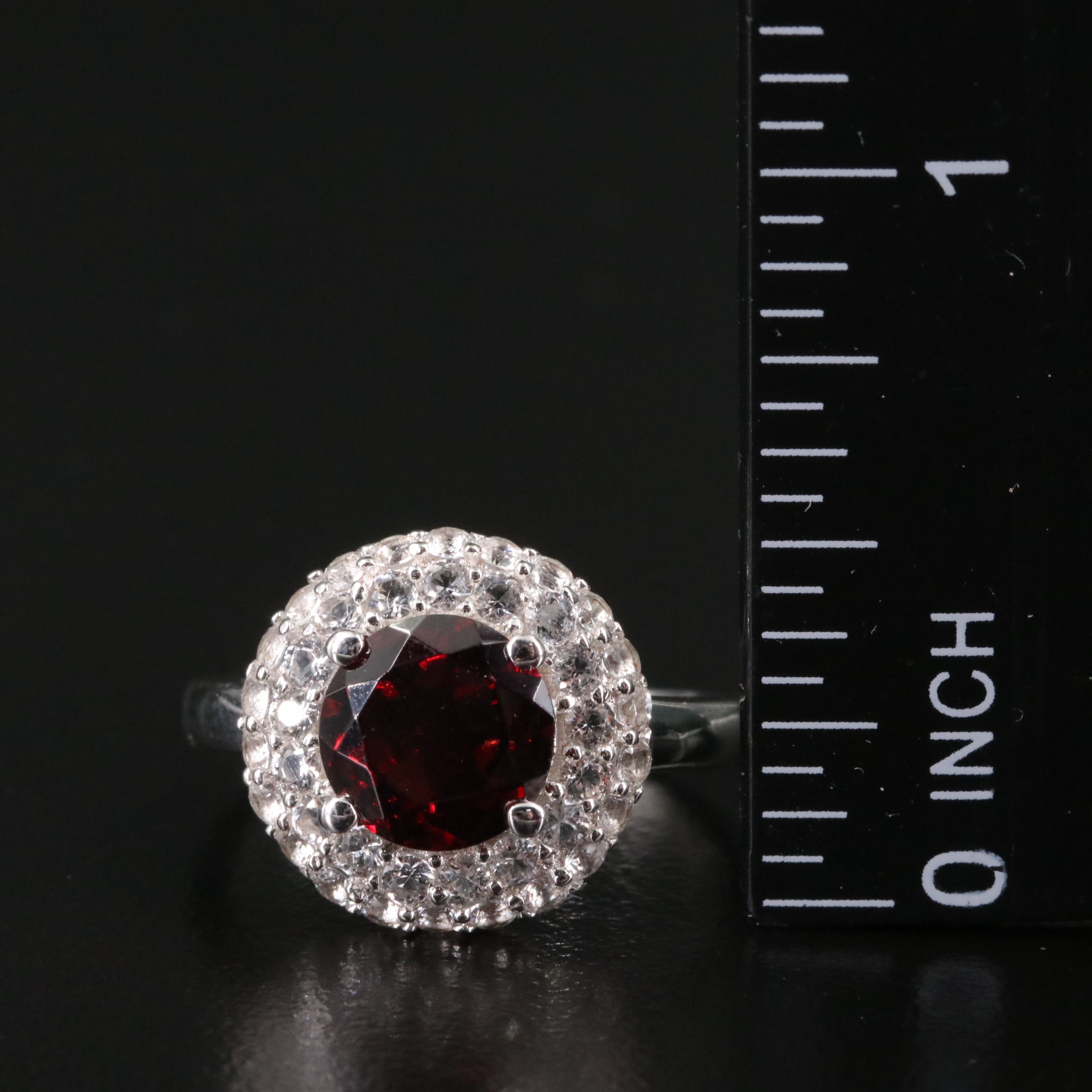 Sterling Garnet and White Topaz Double Halo Ring
